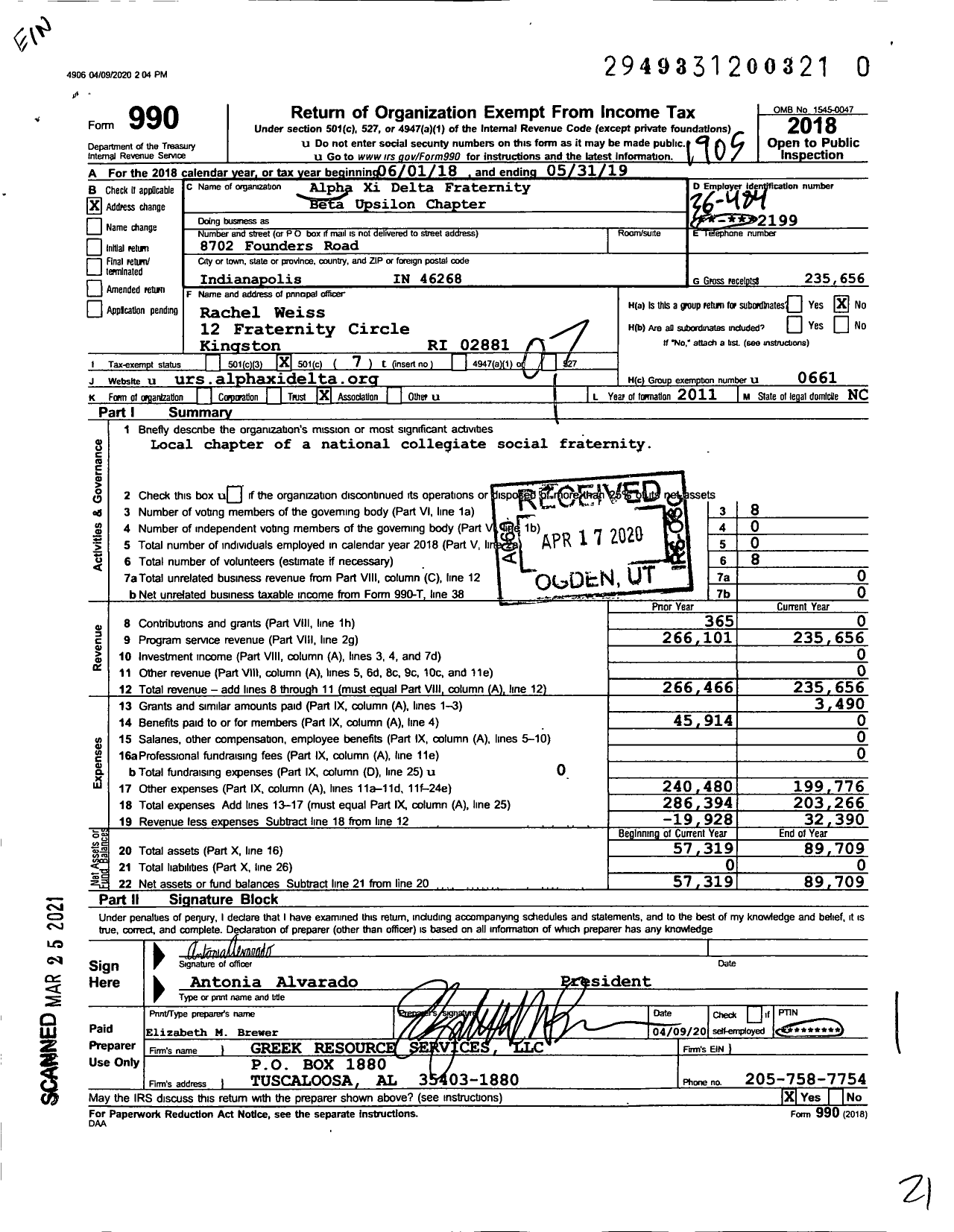 Image of first page of 2018 Form 990O for Alpha Xi Delta Fraternity Beta Upsilon Chapter