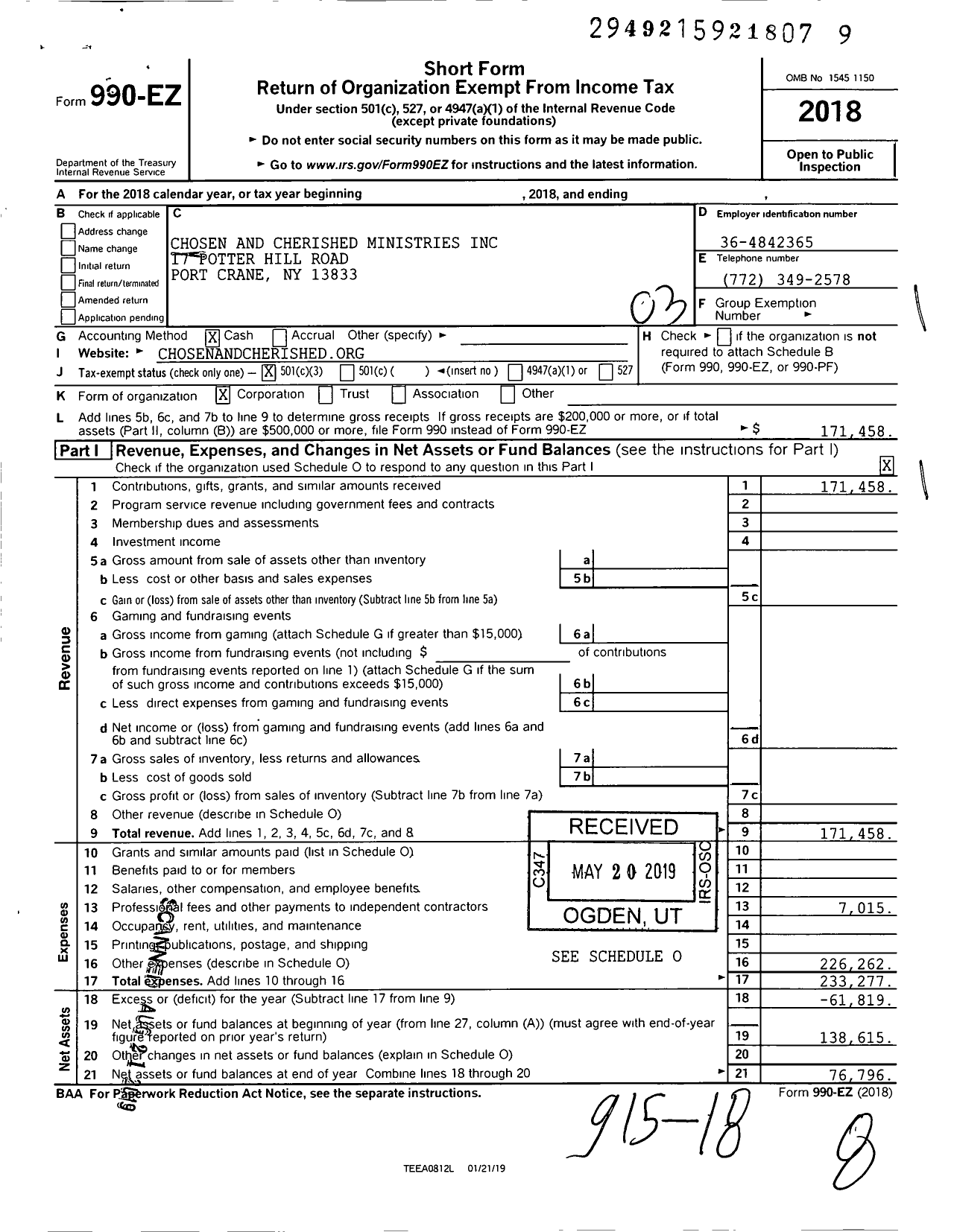 Image of first page of 2018 Form 990EZ for Chosen and Cherished Ministries