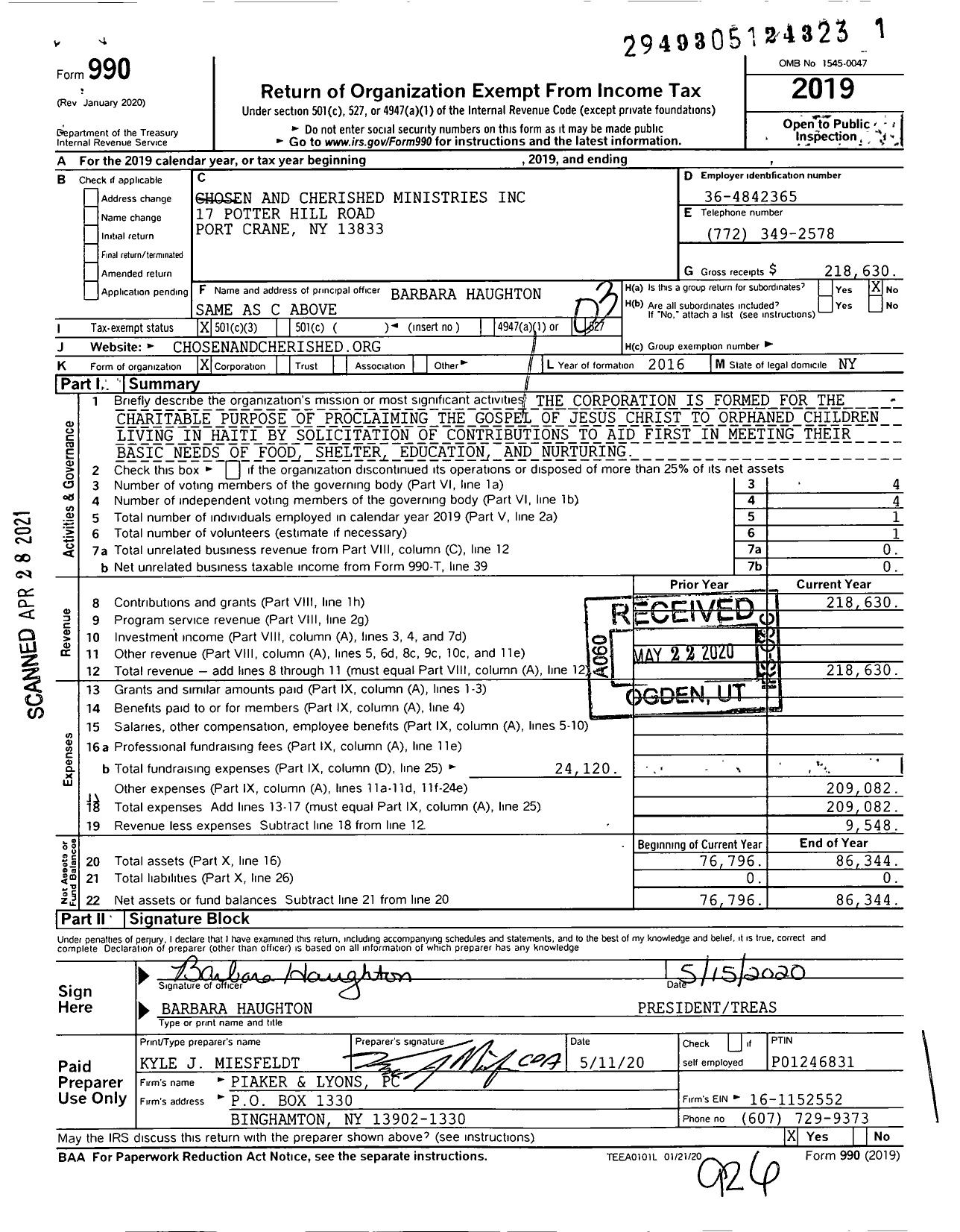 Image of first page of 2019 Form 990 for Chosen and Cherished Ministries