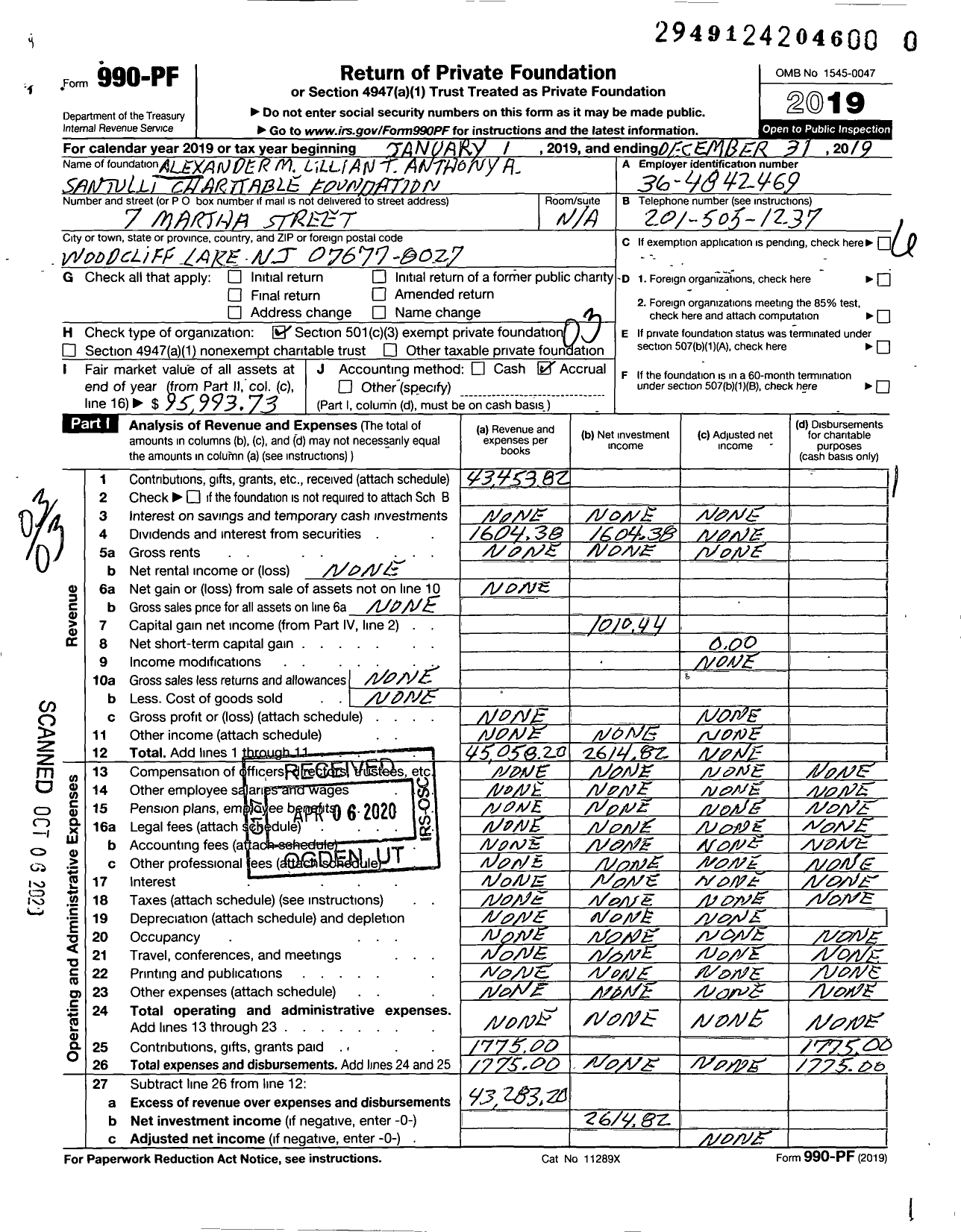 Image of first page of 2019 Form 990PR for Alexander M Lillian T