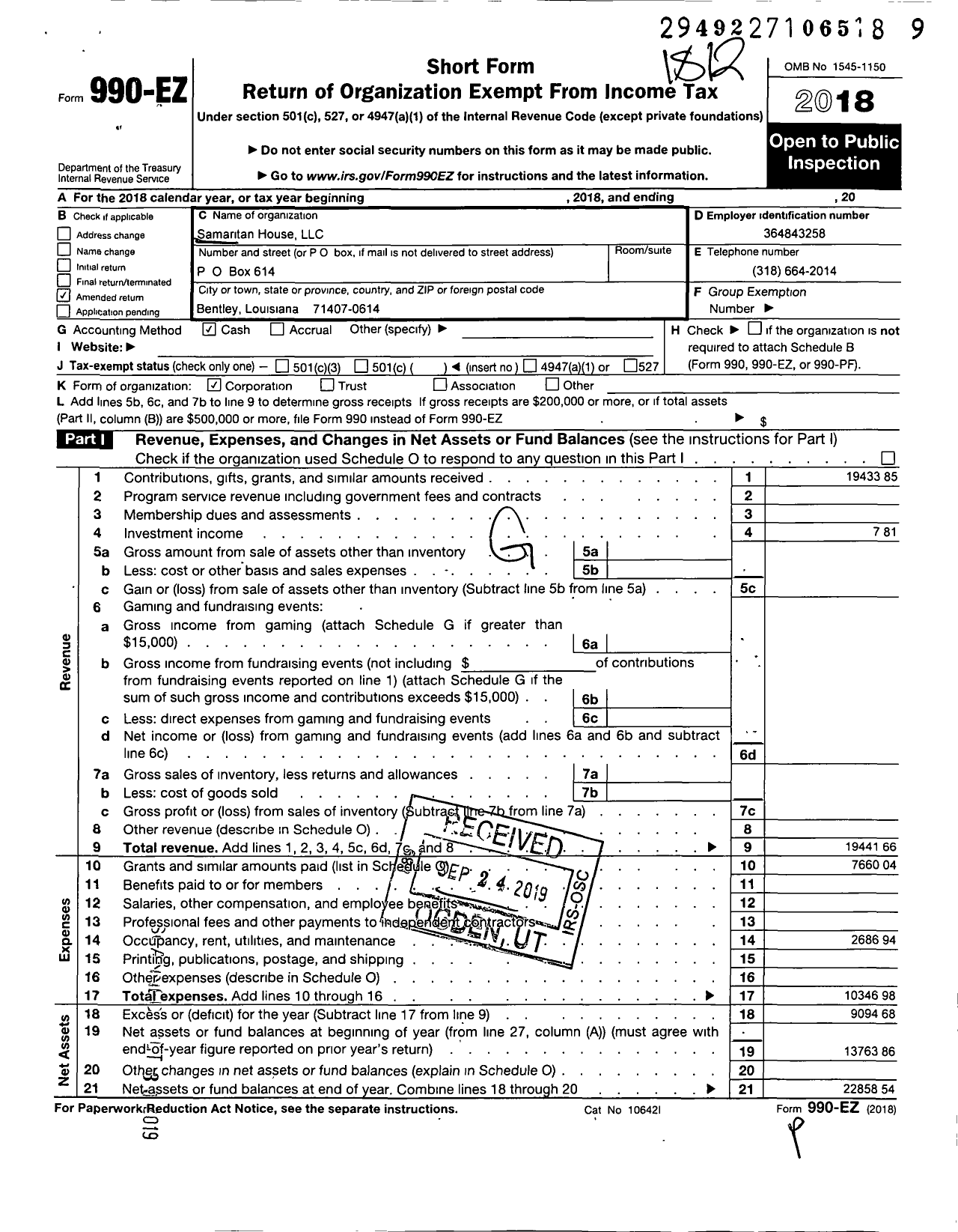 Image of first page of 2018 Form 990EO for Samaritan House LLC
