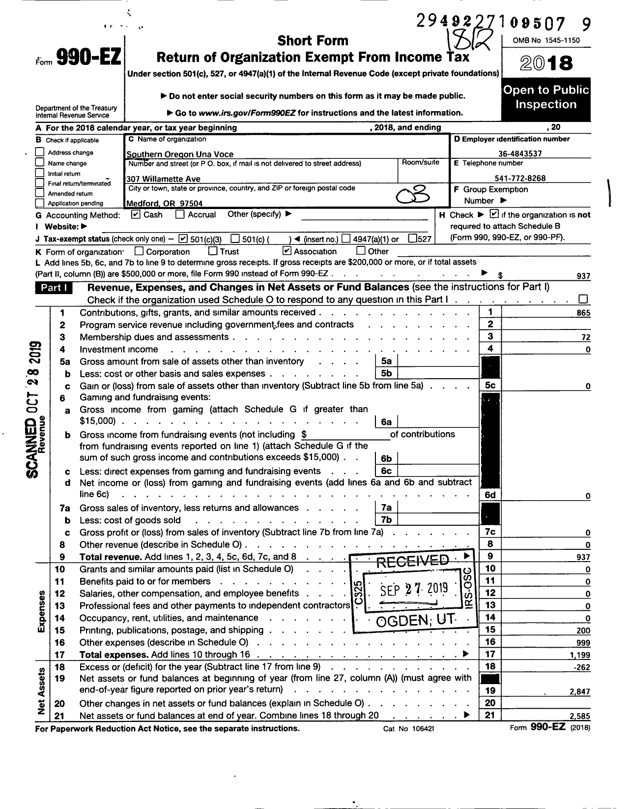 Image of first page of 2018 Form 990EZ for Southern Oregon Una Voce