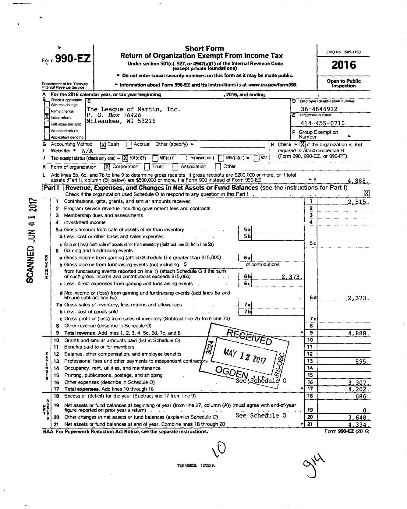 Image of first page of 2016 Form 990EZ for The League of Martin