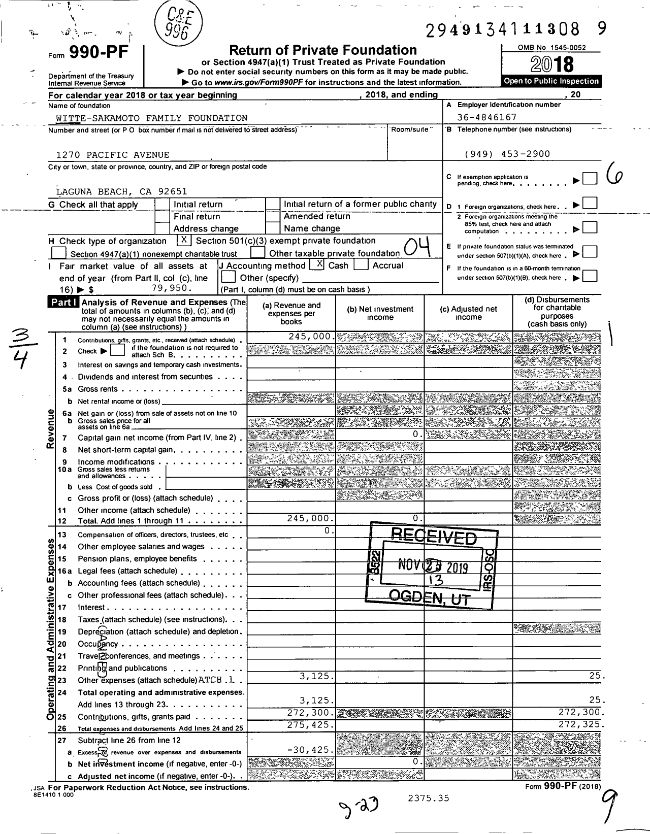 Image of first page of 2018 Form 990PF for Witte-Sakamoto Family Foundation