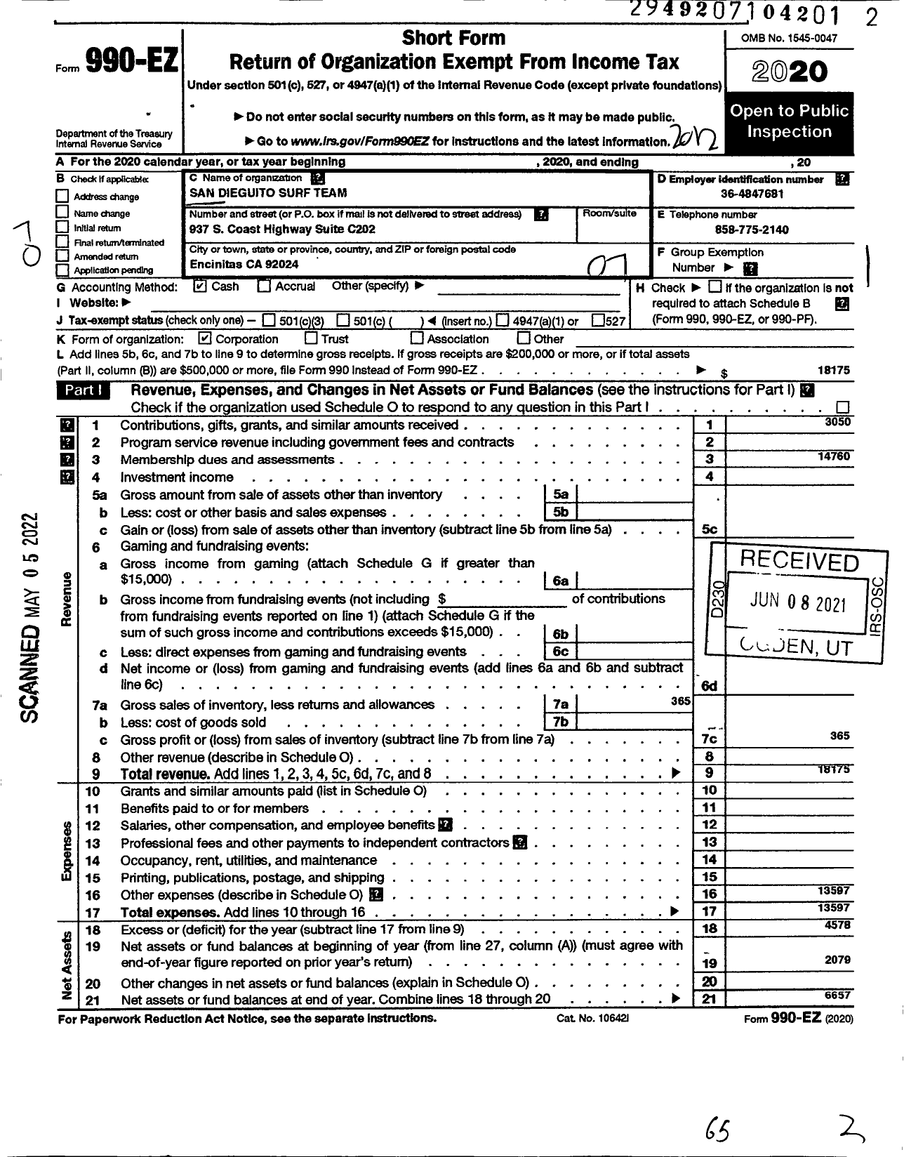 Image of first page of 2020 Form 990EO for San Dieguito Surf Team