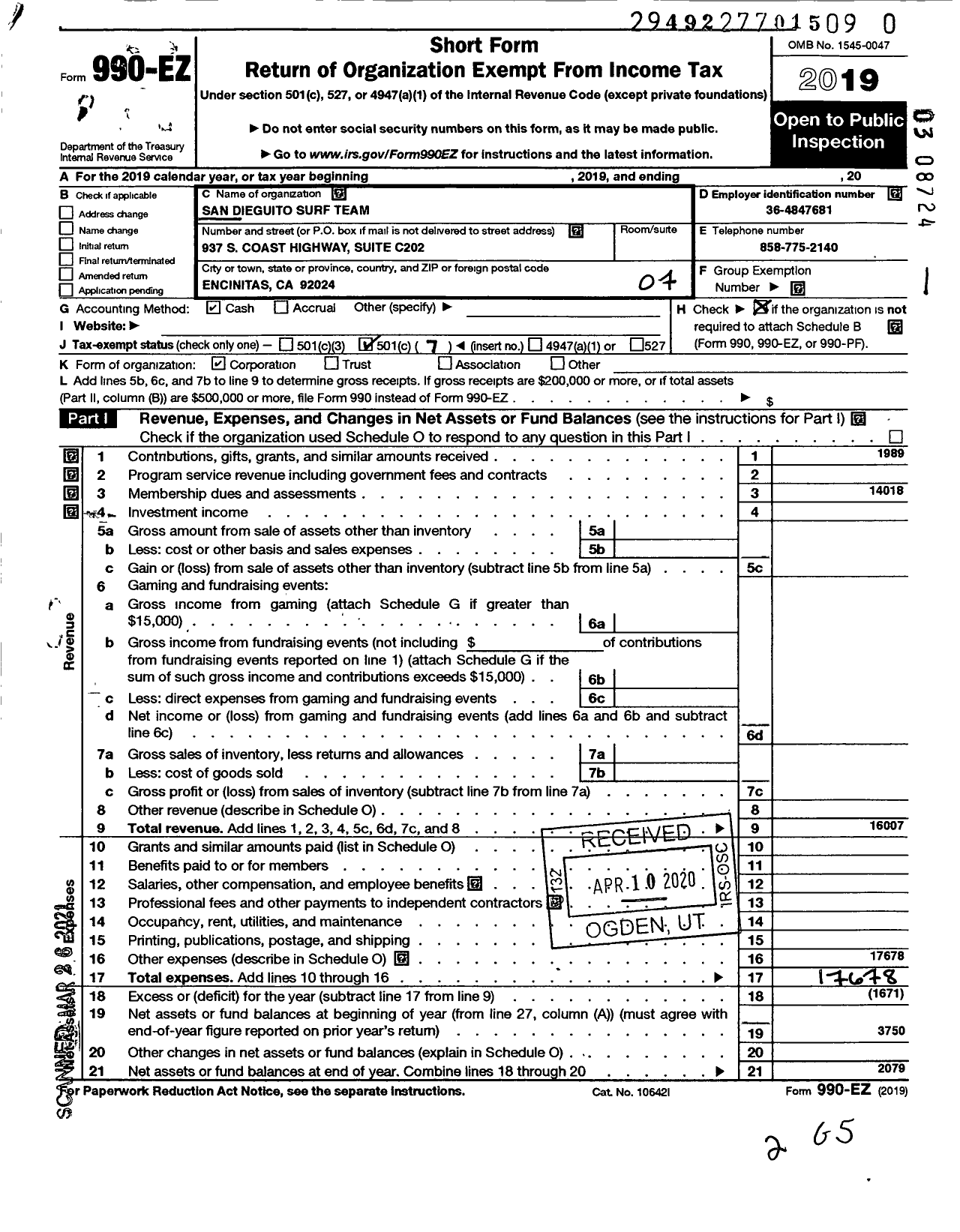 Image of first page of 2019 Form 990EO for San Dieguito Surf Team