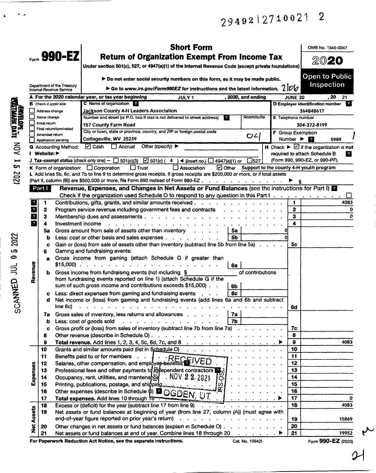 Image of first page of 2020 Form 990EO for State of West Virginia / Jackson County 4-H Leaders