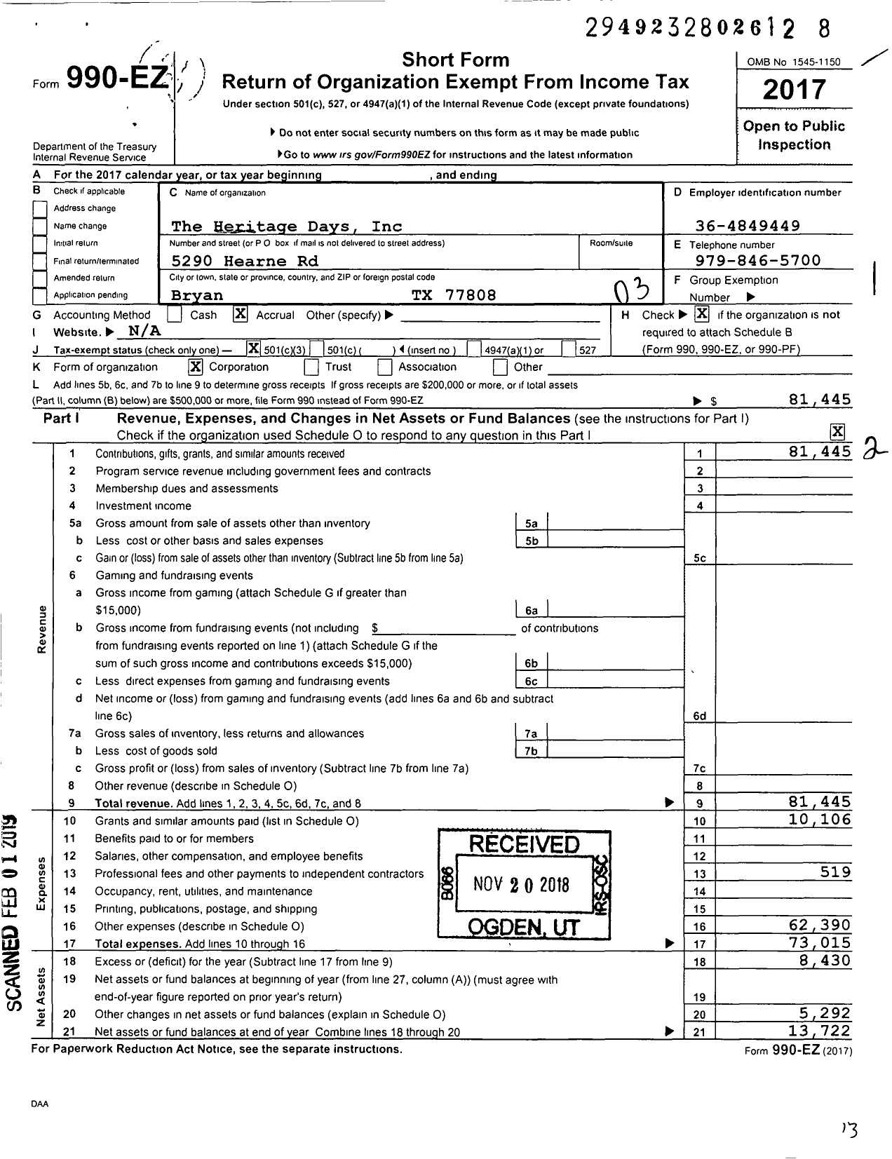 Image of first page of 2017 Form 990EZ for The Heritage Days