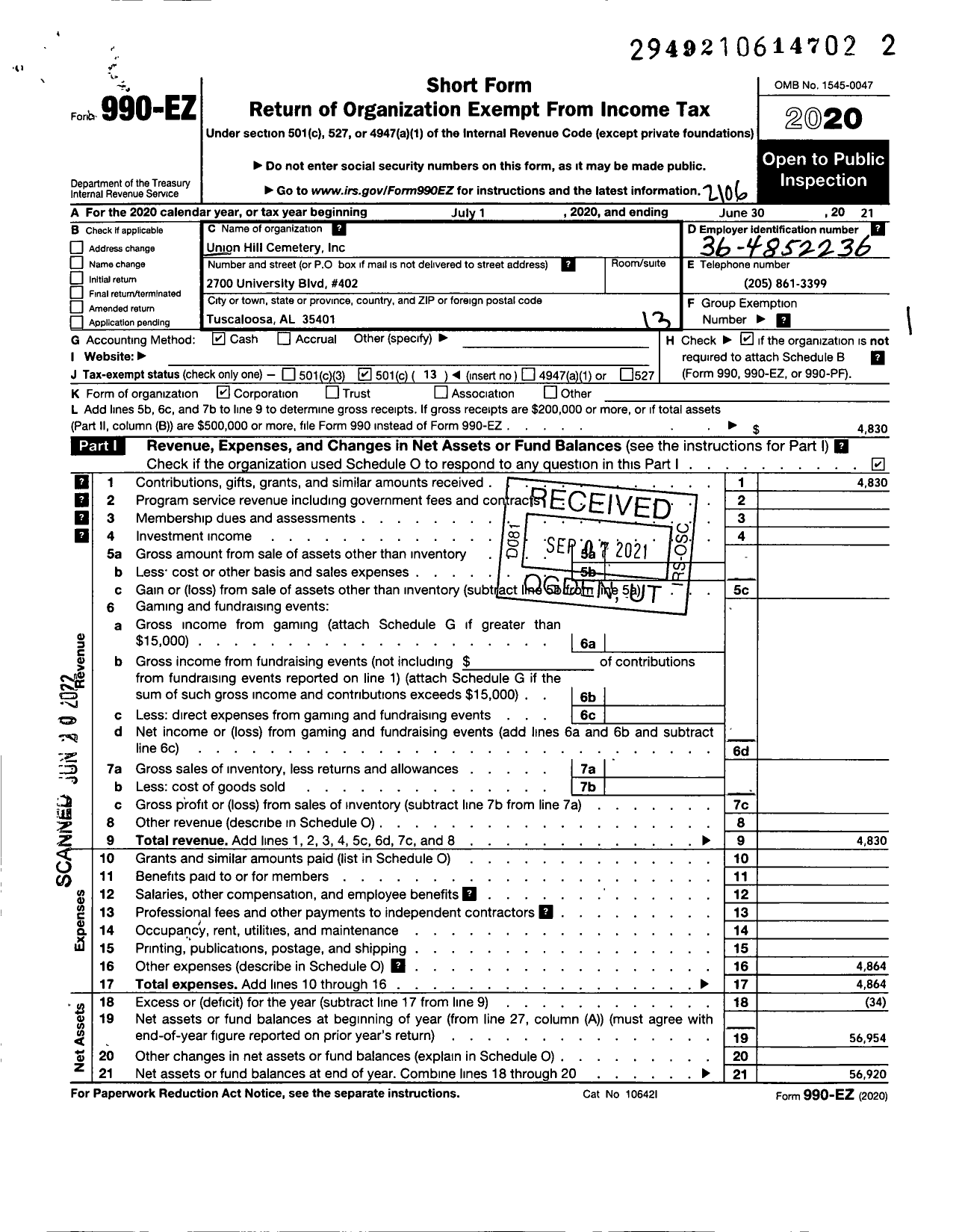 Image of first page of 2020 Form 990EO for Union Hill Cemetery