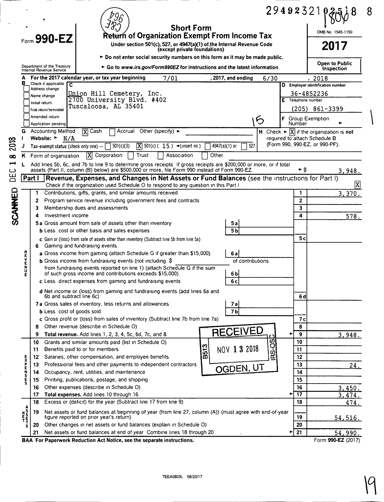 Image of first page of 2017 Form 990EO for Union Hill Cemetery