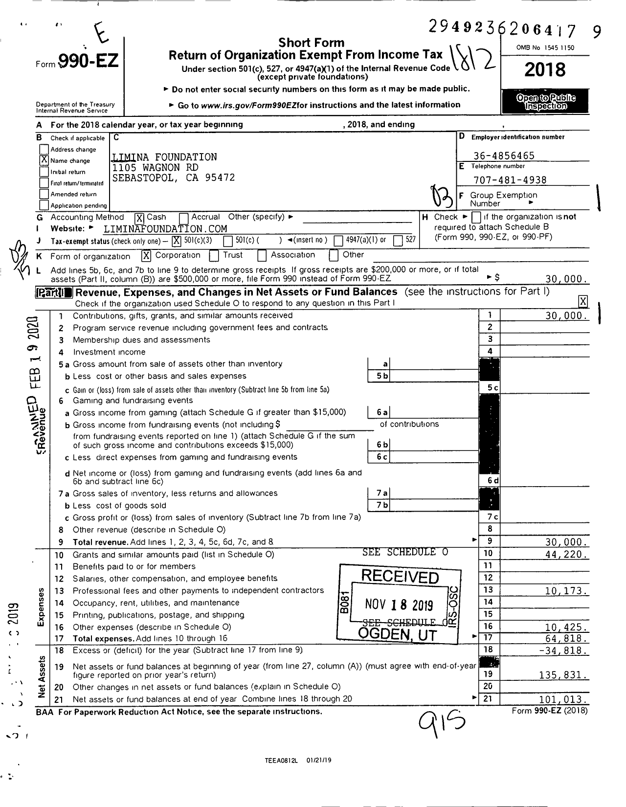 Image of first page of 2018 Form 990EZ for Limina Foundation