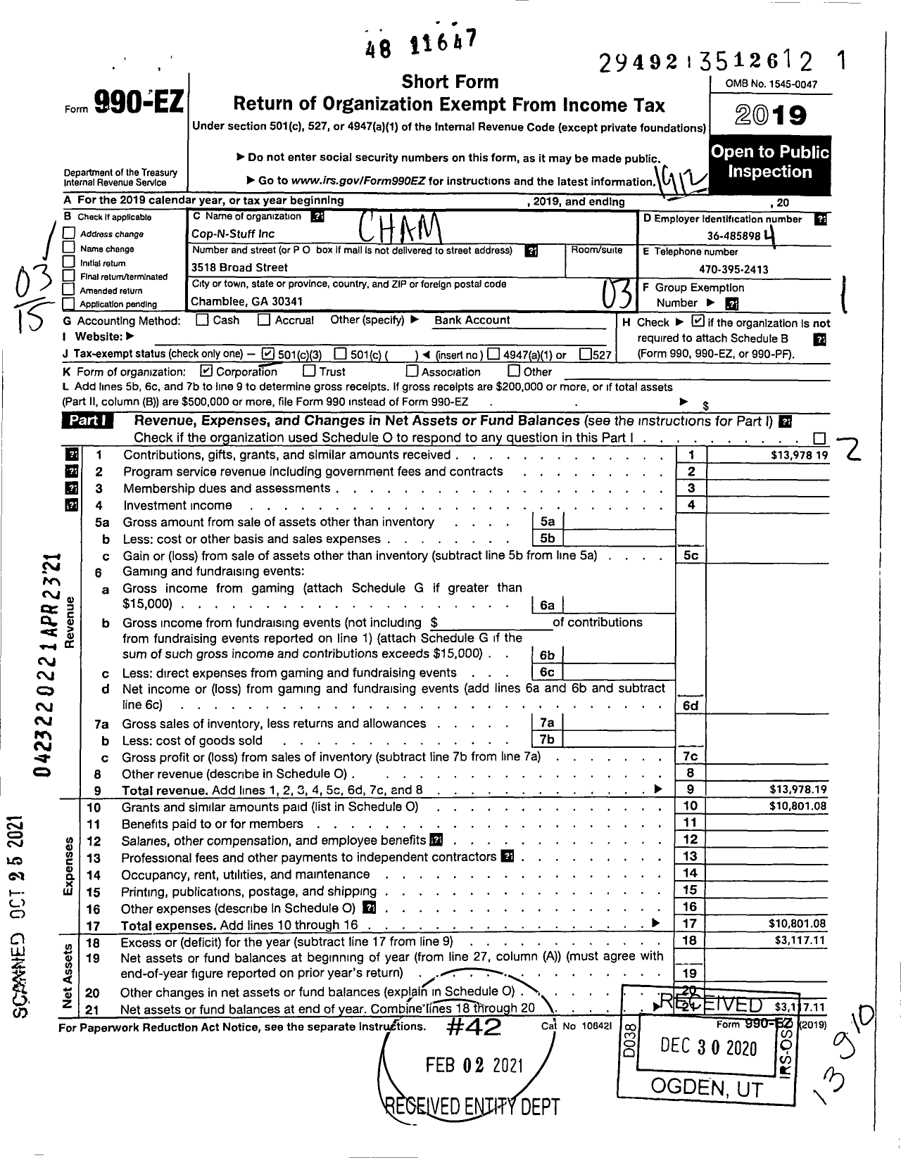 Image of first page of 2019 Form 990EZ for Chamblee Cop-N-Stuff