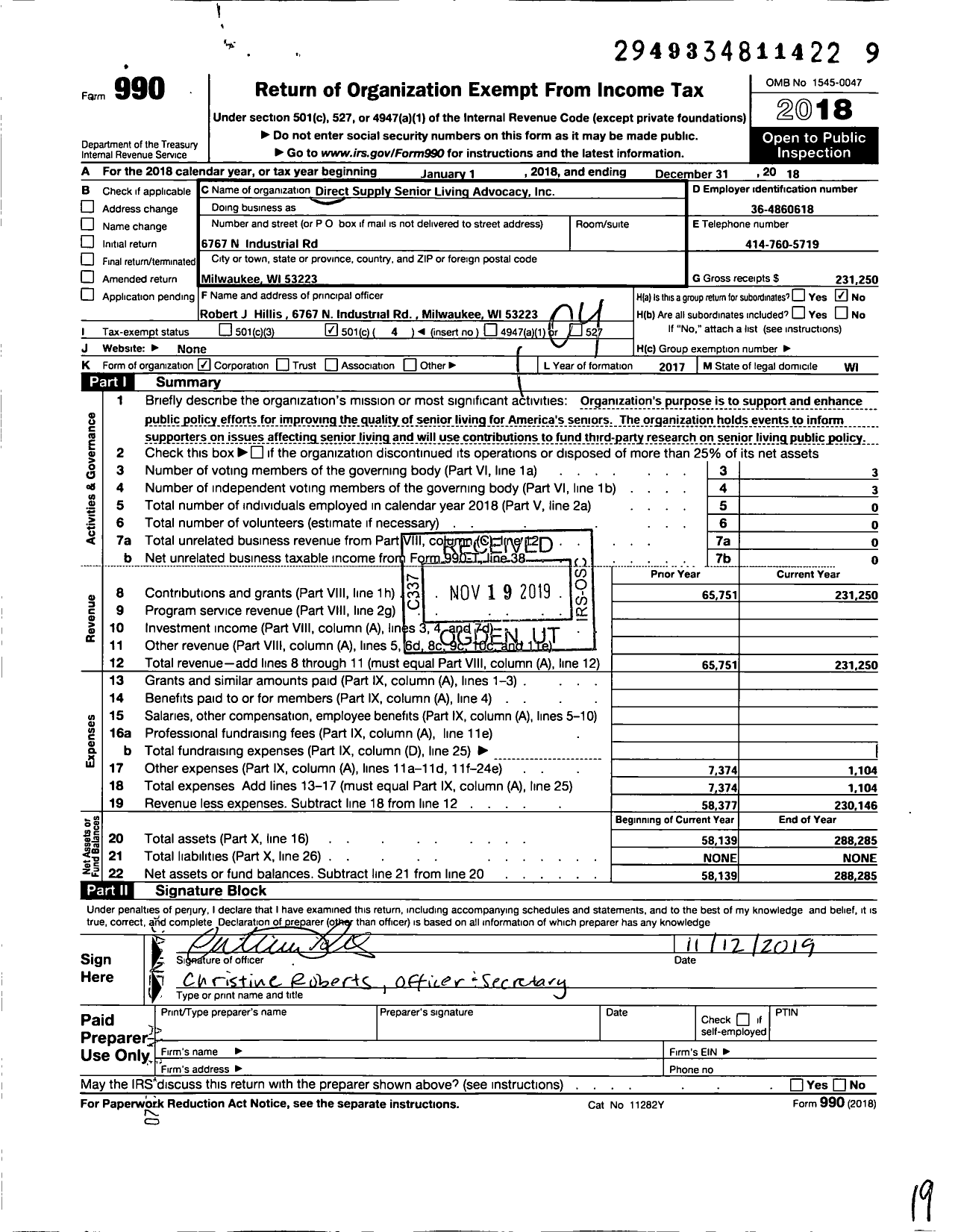 Image of first page of 2018 Form 990O for Direct Supply Senior Living Advocacy