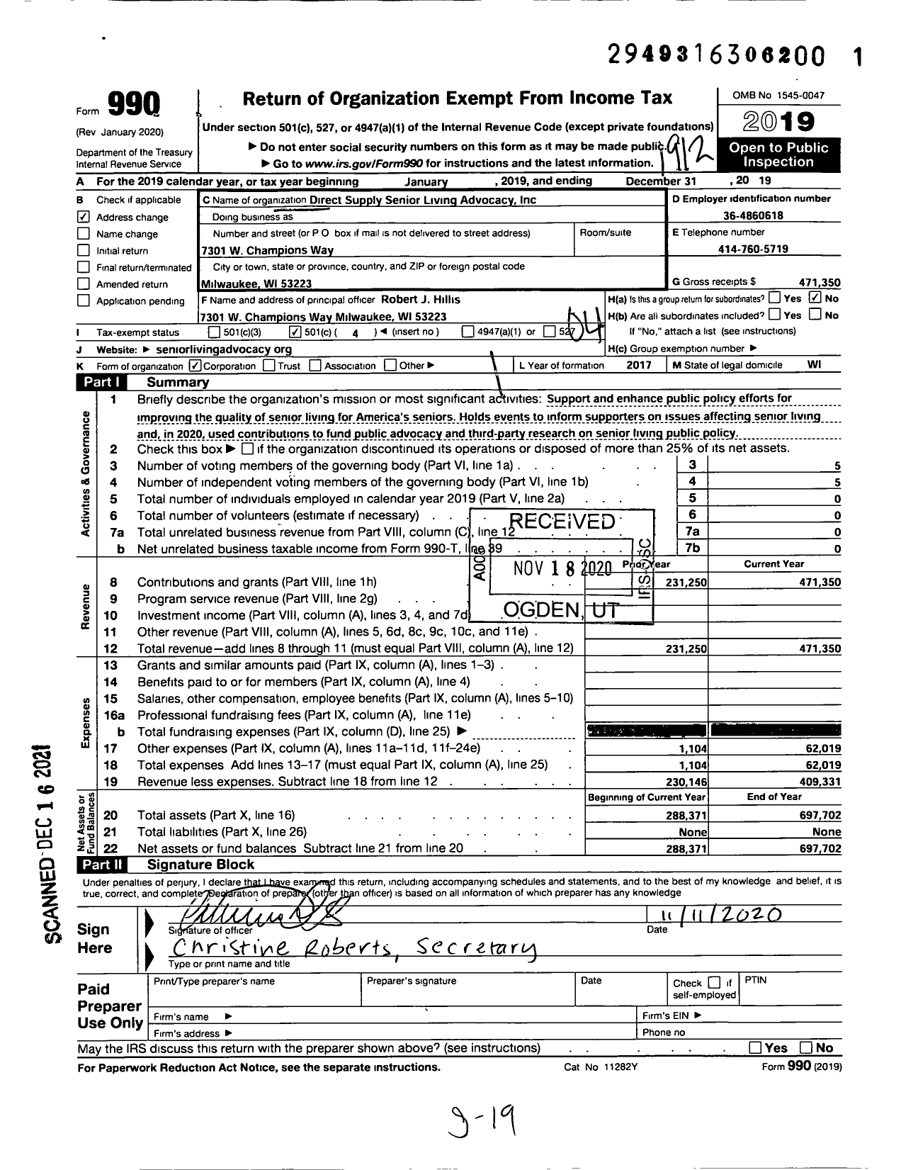 Image of first page of 2019 Form 990O for Direct Supply Senior Living Advocacy