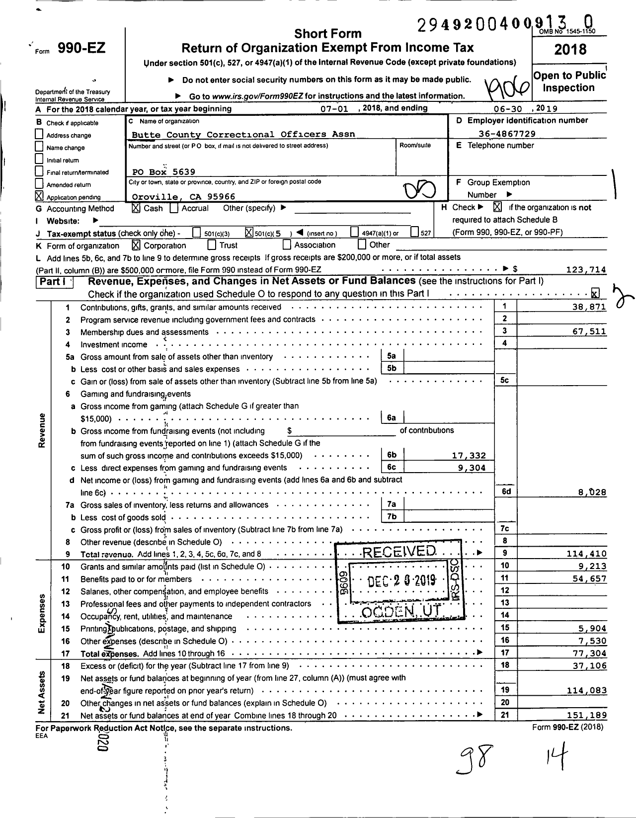 Image of first page of 2018 Form 990EO for Butte County Correctional Officers Assn