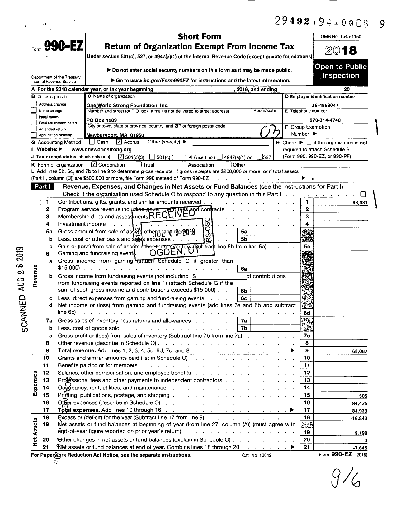 Image of first page of 2018 Form 990EZ for One World Strong Foundation