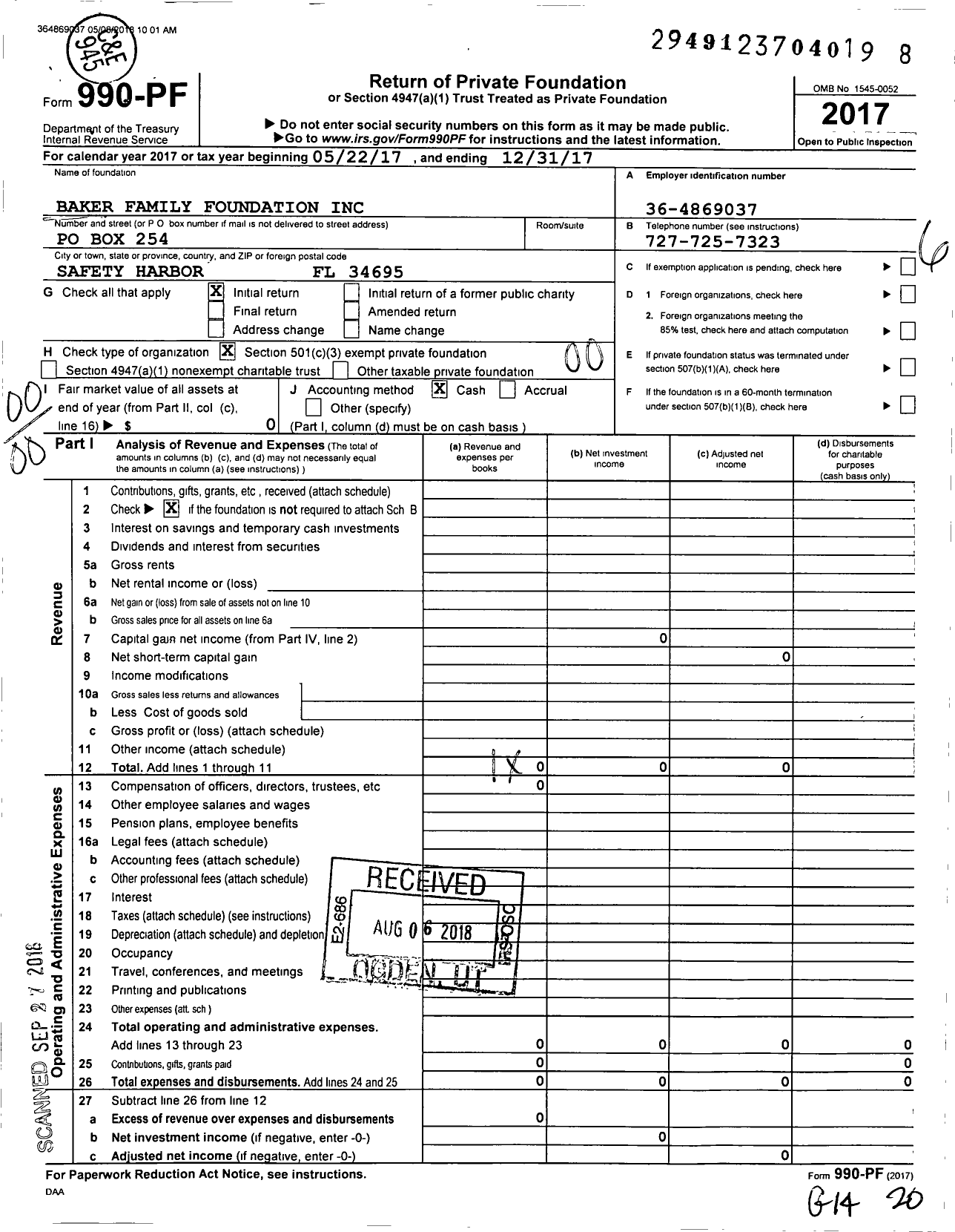 Image of first page of 2017 Form 990PF for Baker Family Foundation