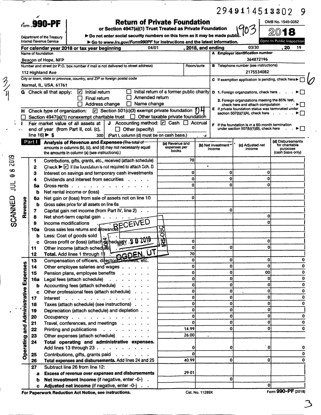 Image of first page of 2018 Form 990PF for Beacon of Hope NFP