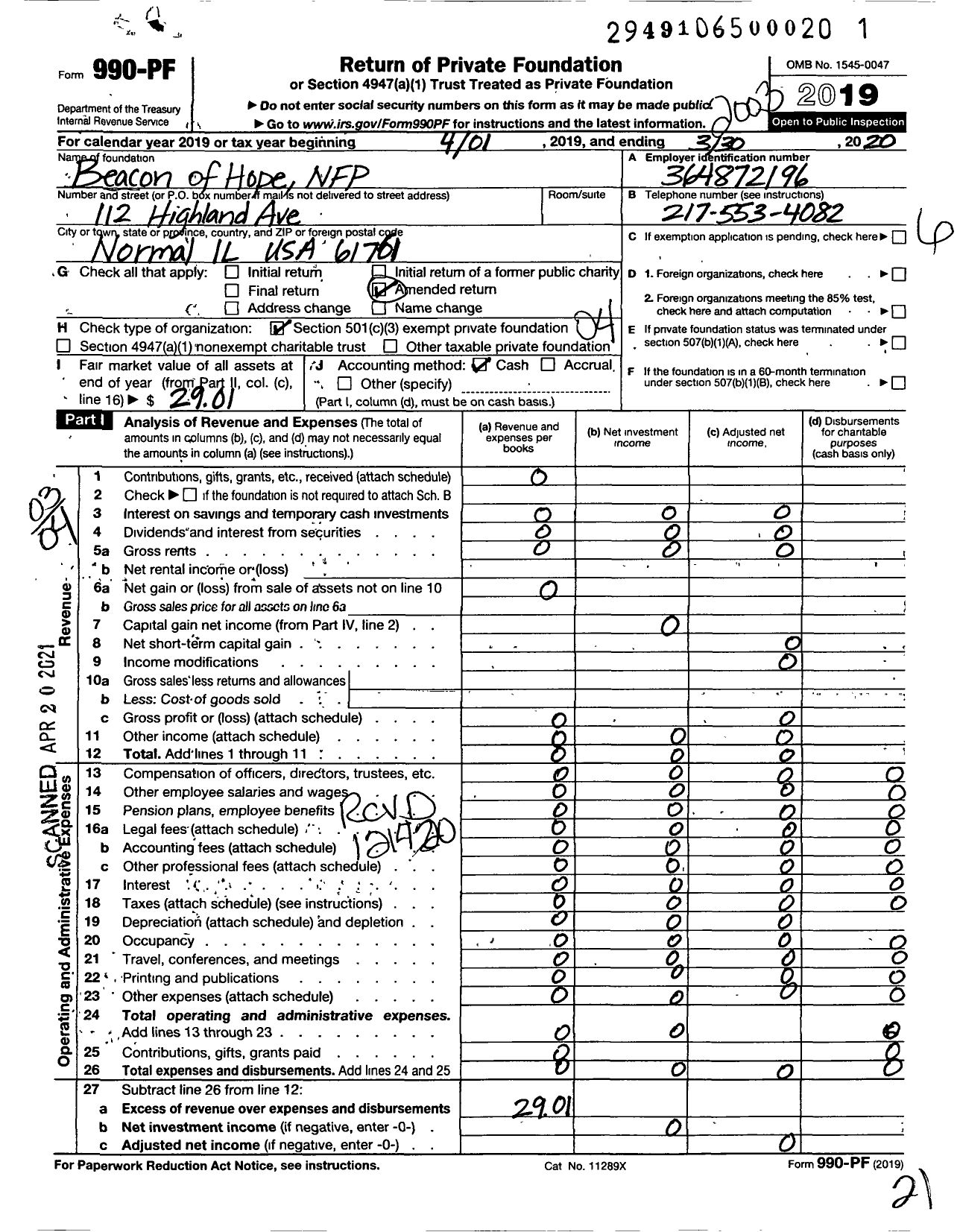 Image of first page of 2019 Form 990PF for Beacon of Hope NFP