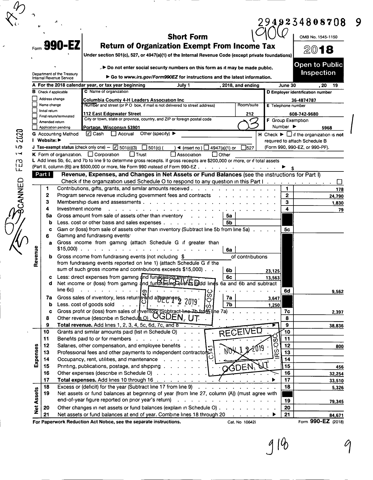 Image of first page of 2018 Form 990EZ for Board of Regents of the University of Wisconsin System / Columbia County 4-H Leaders Associa