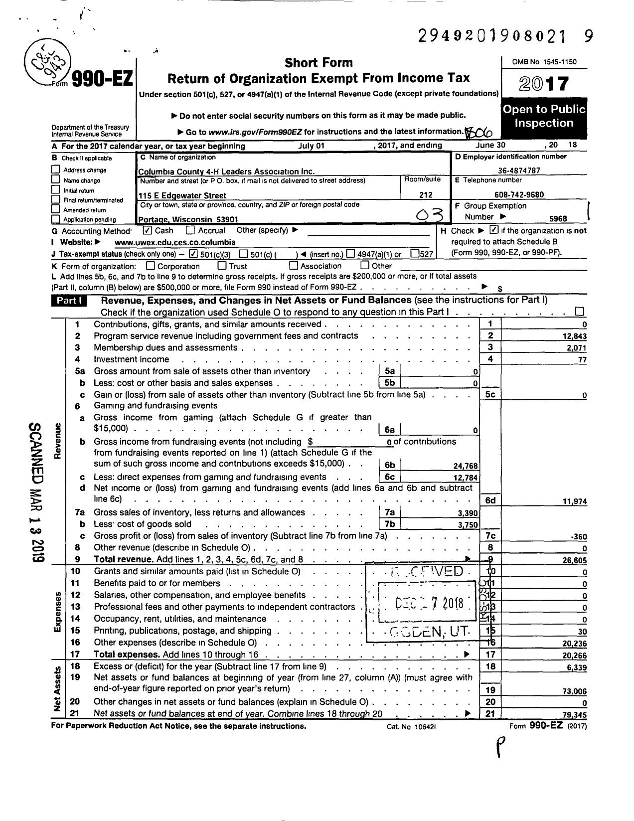 Image of first page of 2017 Form 990EZ for Board of Regents of the University of Wisconsin System / Columbia County 4-H Leaders Associa