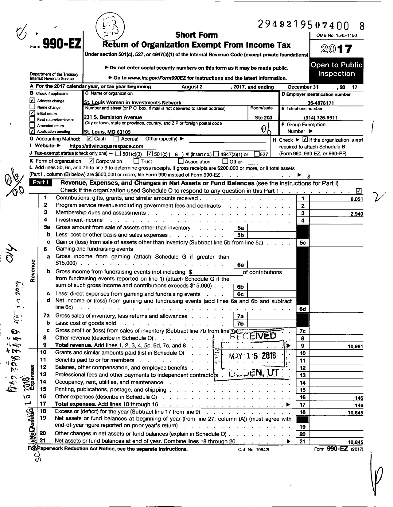 Image of first page of 2017 Form 990EO for St Louis Women in Investments Network