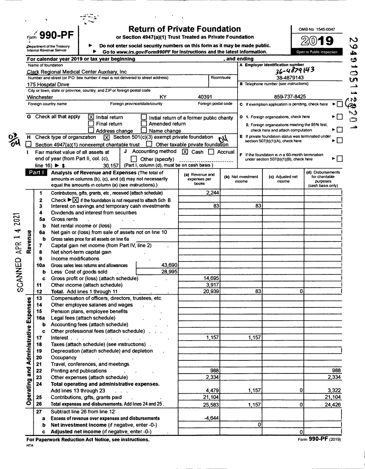 Image of first page of 2019 Form 990PF for Clark Regional Medical Center Auxiliary