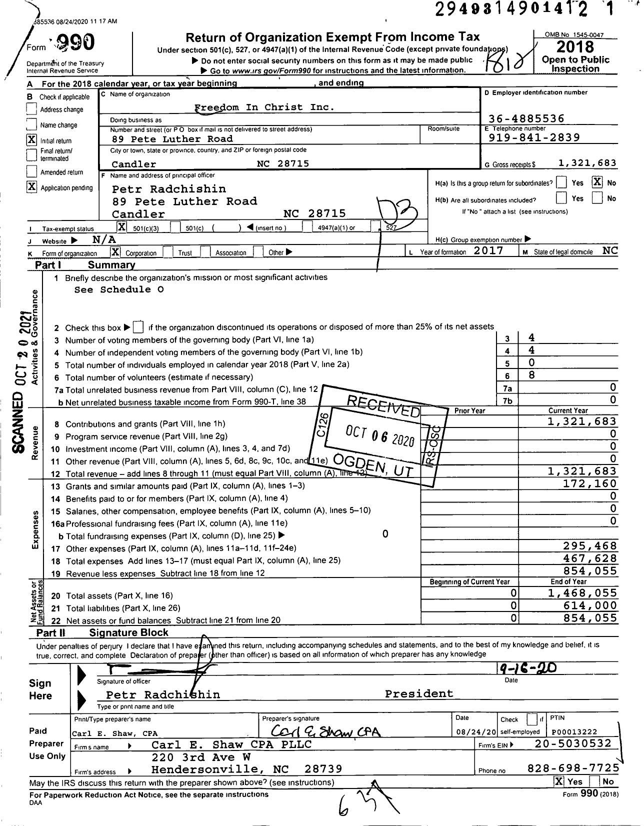 Image of first page of 2018 Form 990 for Freedom in Christ