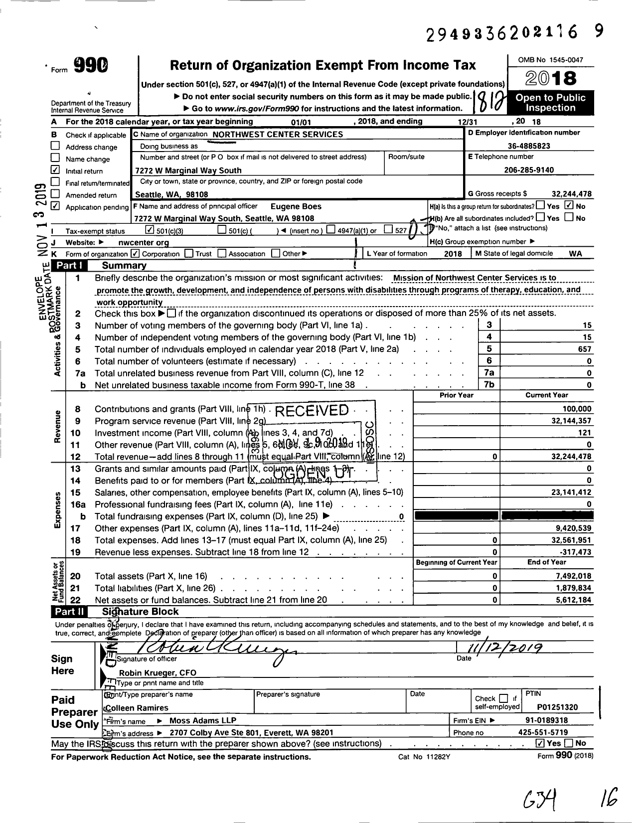Image of first page of 2018 Form 990 for Northwest Center Services