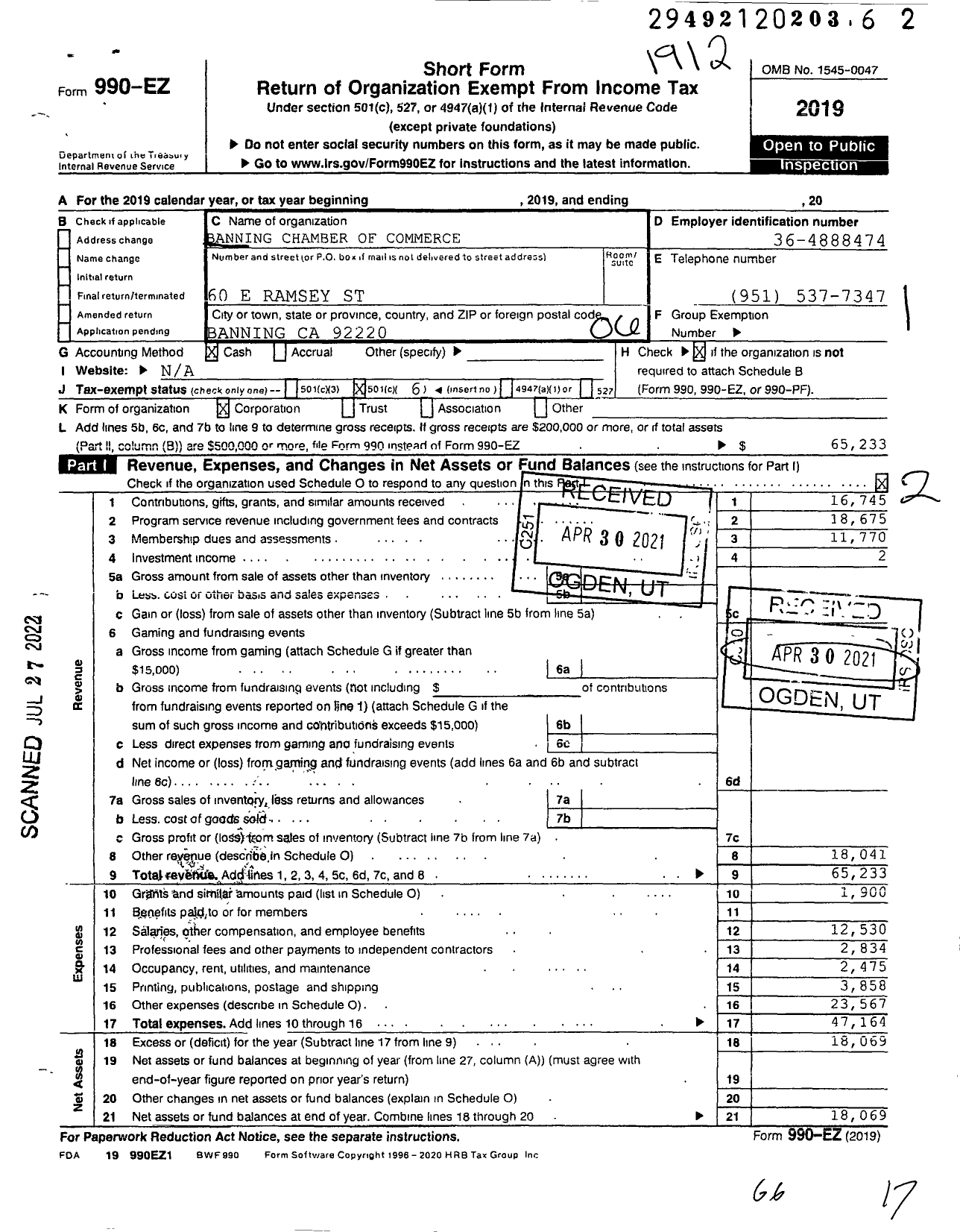 Image of first page of 2019 Form 990EO for Banning Chamber of Commerce