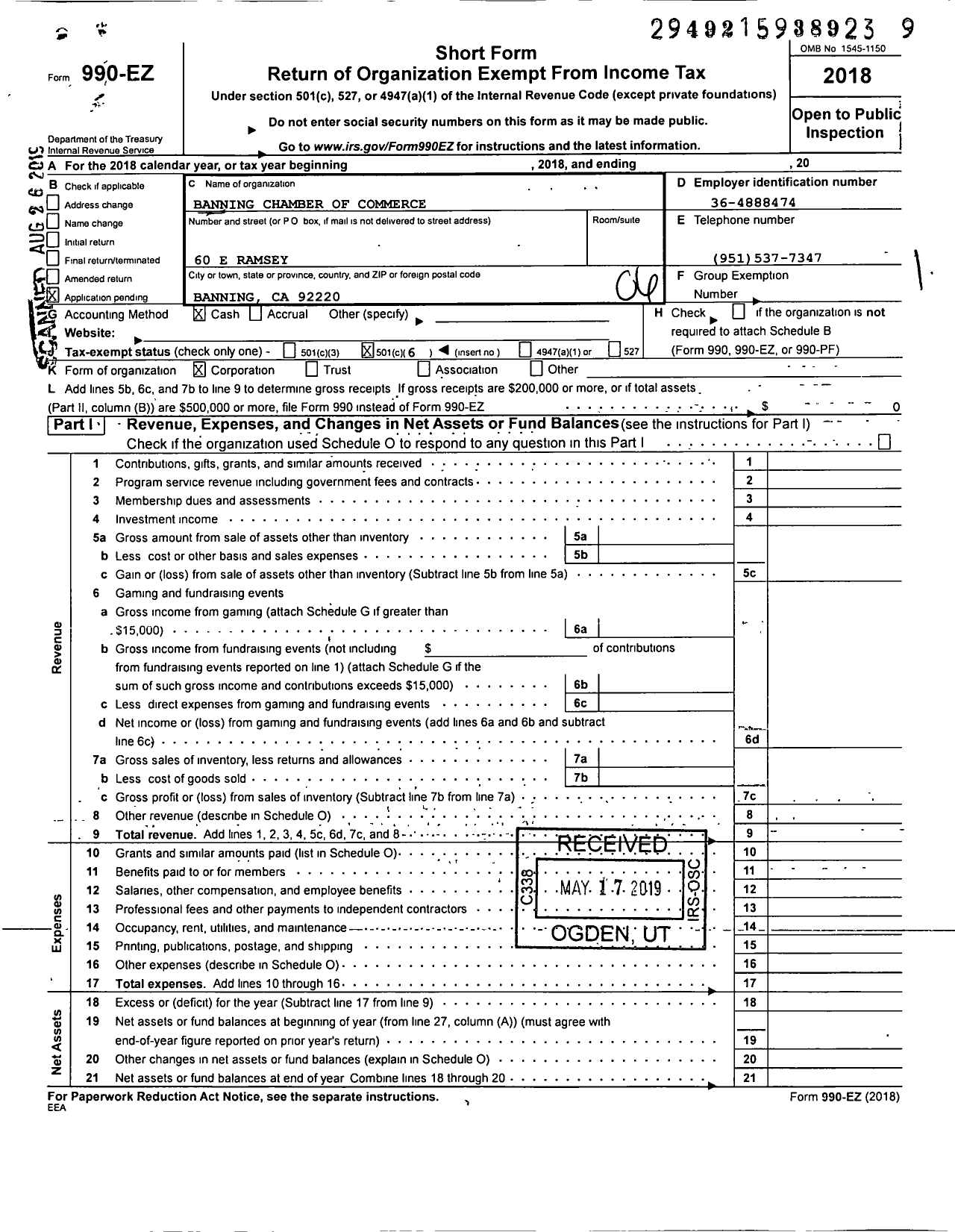 Image of first page of 2018 Form 990EO for Banning Chamber of Commerce