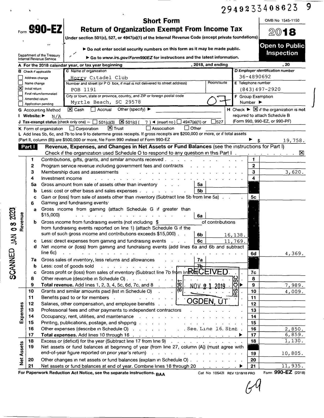 Image of first page of 2018 Form 990EO for Horry Citadel Club