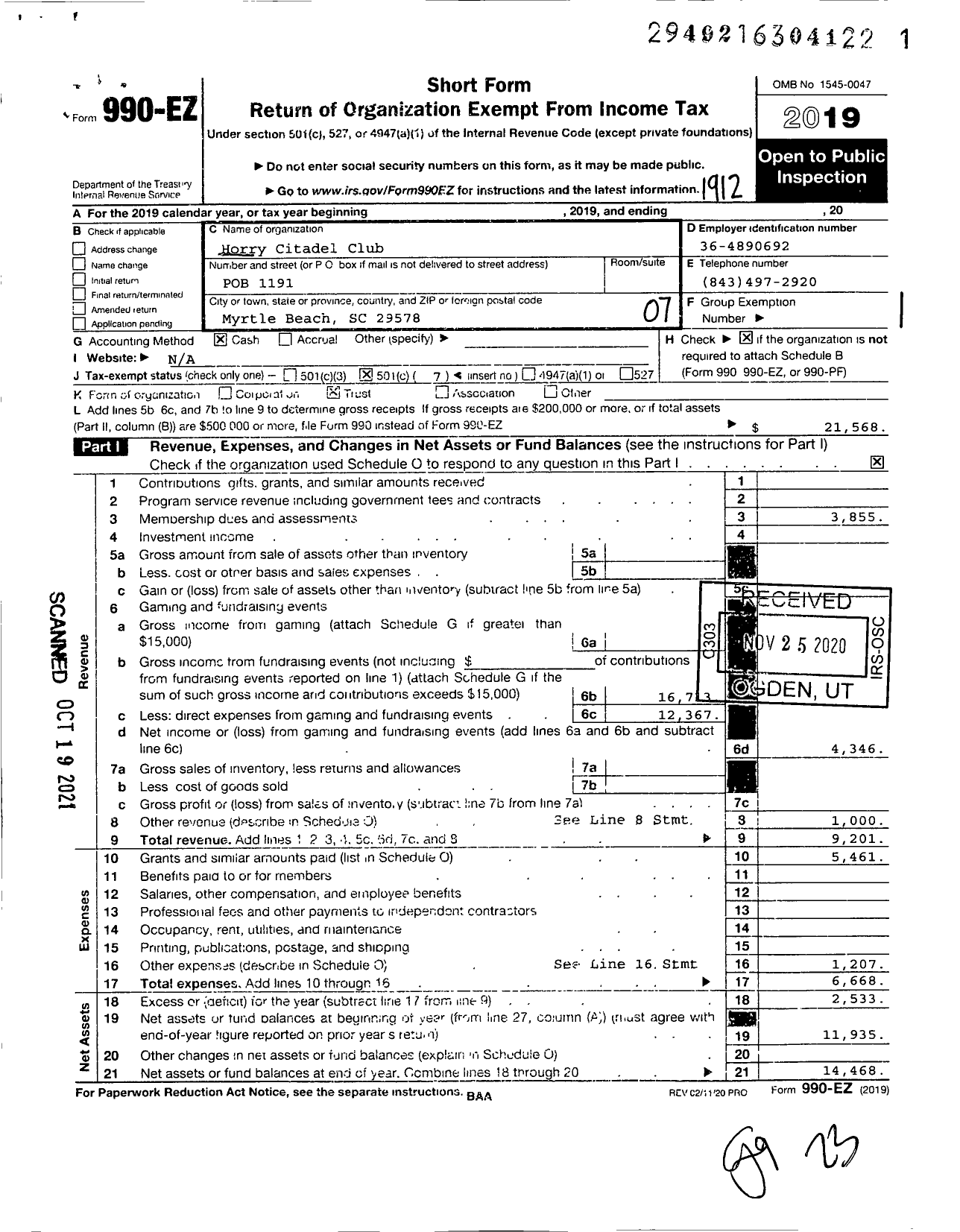 Image of first page of 2019 Form 990EO for Horry Citadel Club