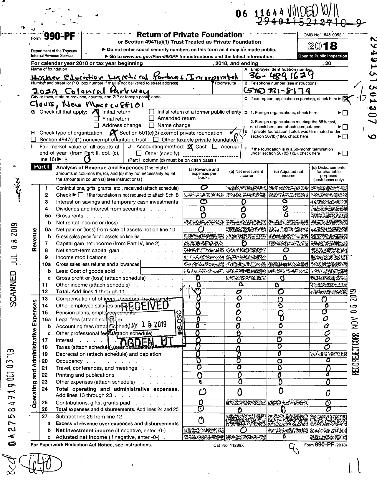 Image of first page of 2018 Form 990PF for Higher Education Logistical Partners Incorporated