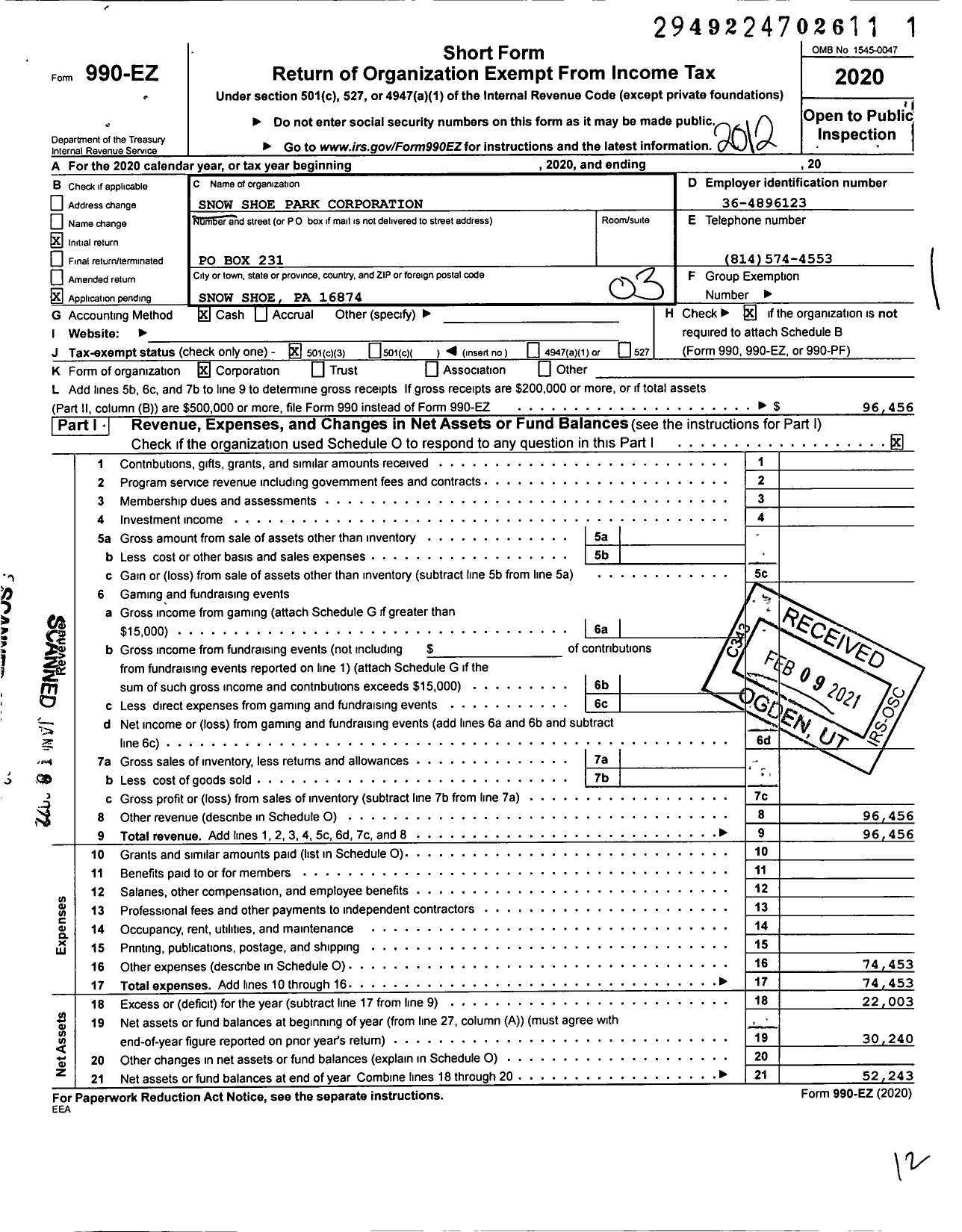 Image of first page of 2020 Form 990EZ for Snow Shoe Park Corporation