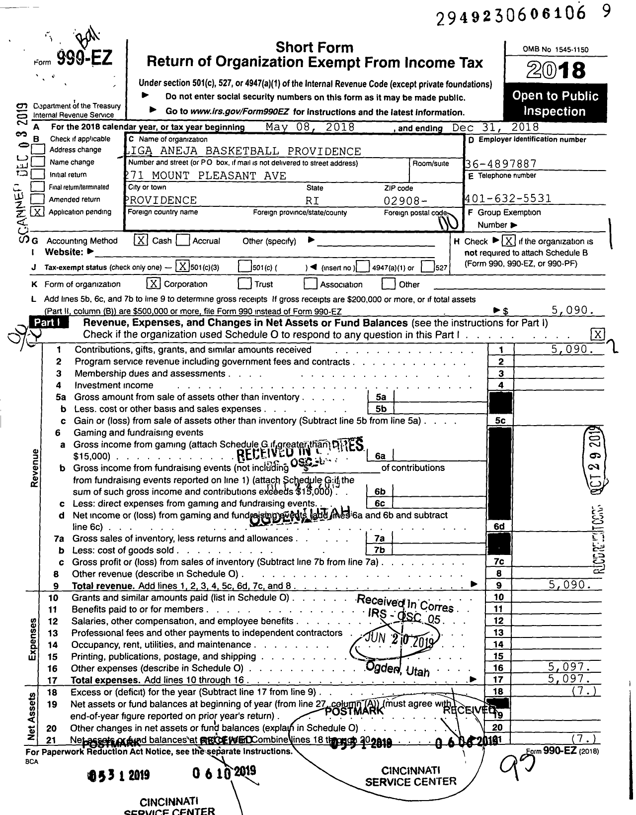 Image of first page of 2018 Form 990EO for Liga Aneja Basketball Providence