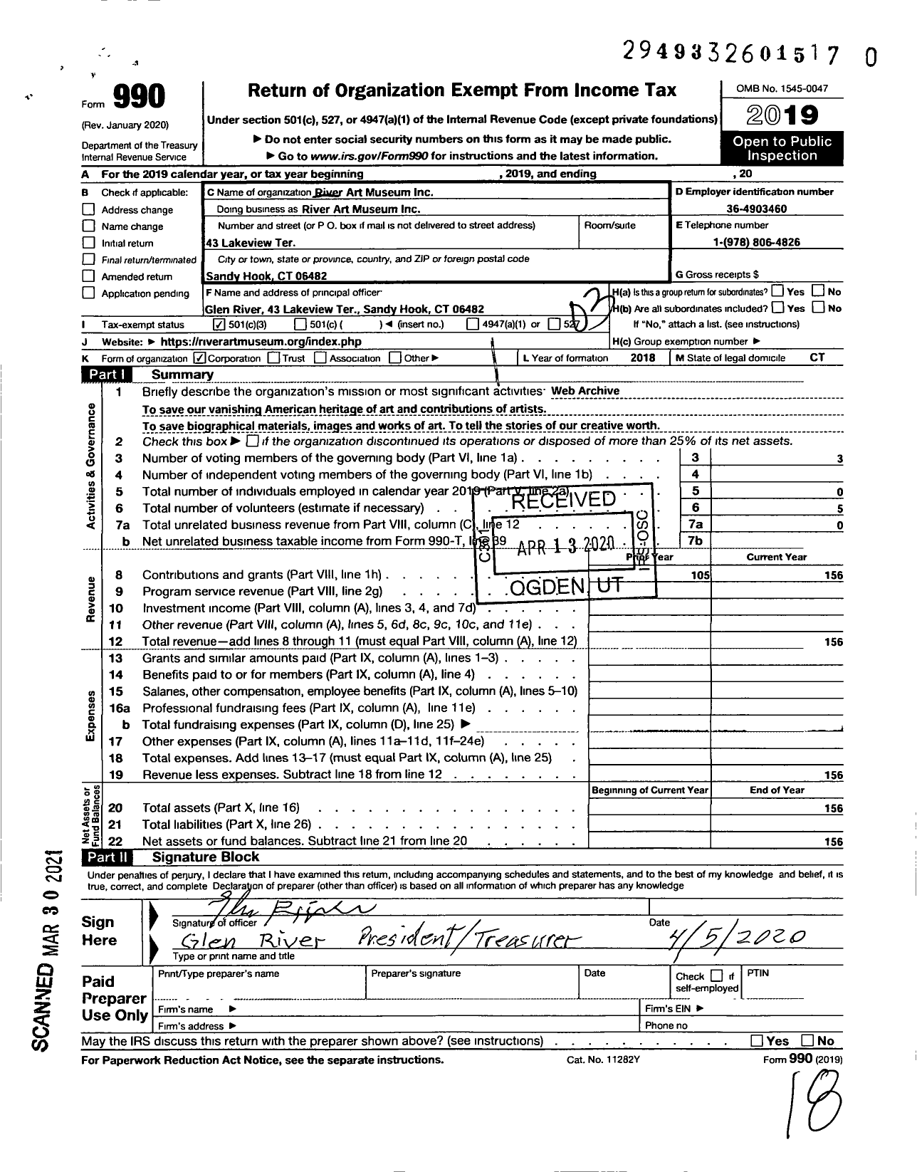 Image of first page of 2019 Form 990 for River Art Museum