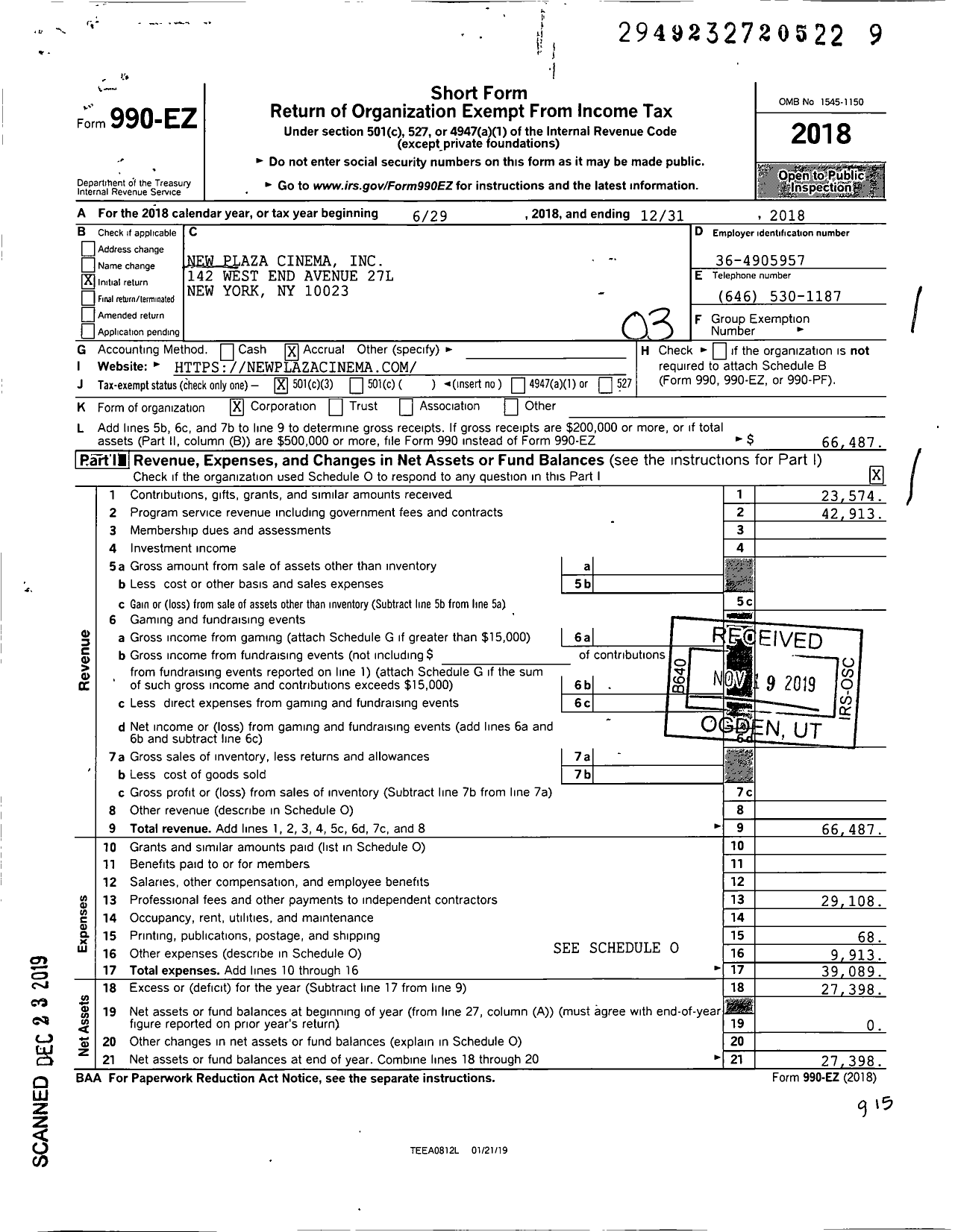 Image of first page of 2018 Form 990EZ for New Plaza Cinema