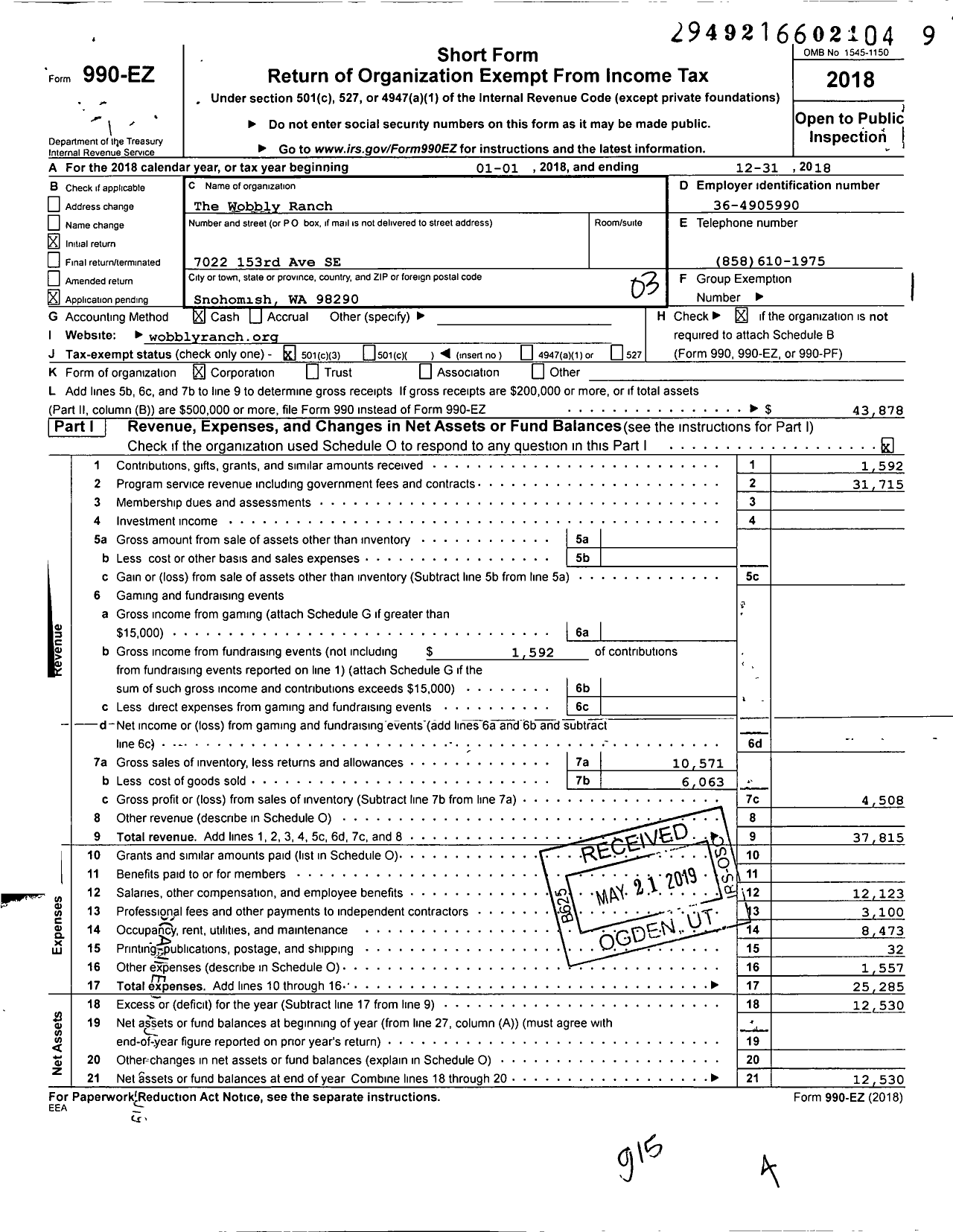 Image of first page of 2018 Form 990EZ for The Wobbly Ranch