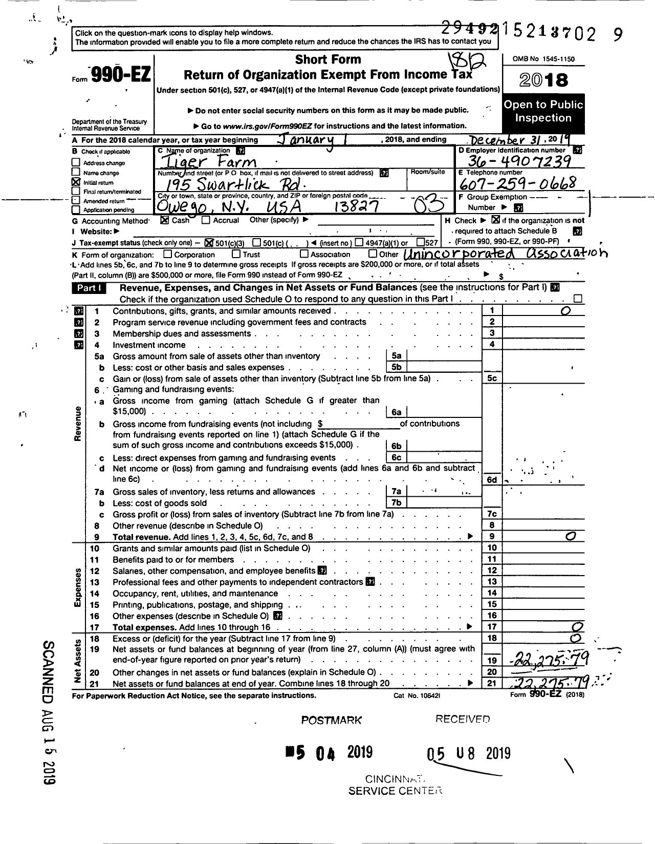 Image of first page of 2018 Form 990EZ for Tiger Farm