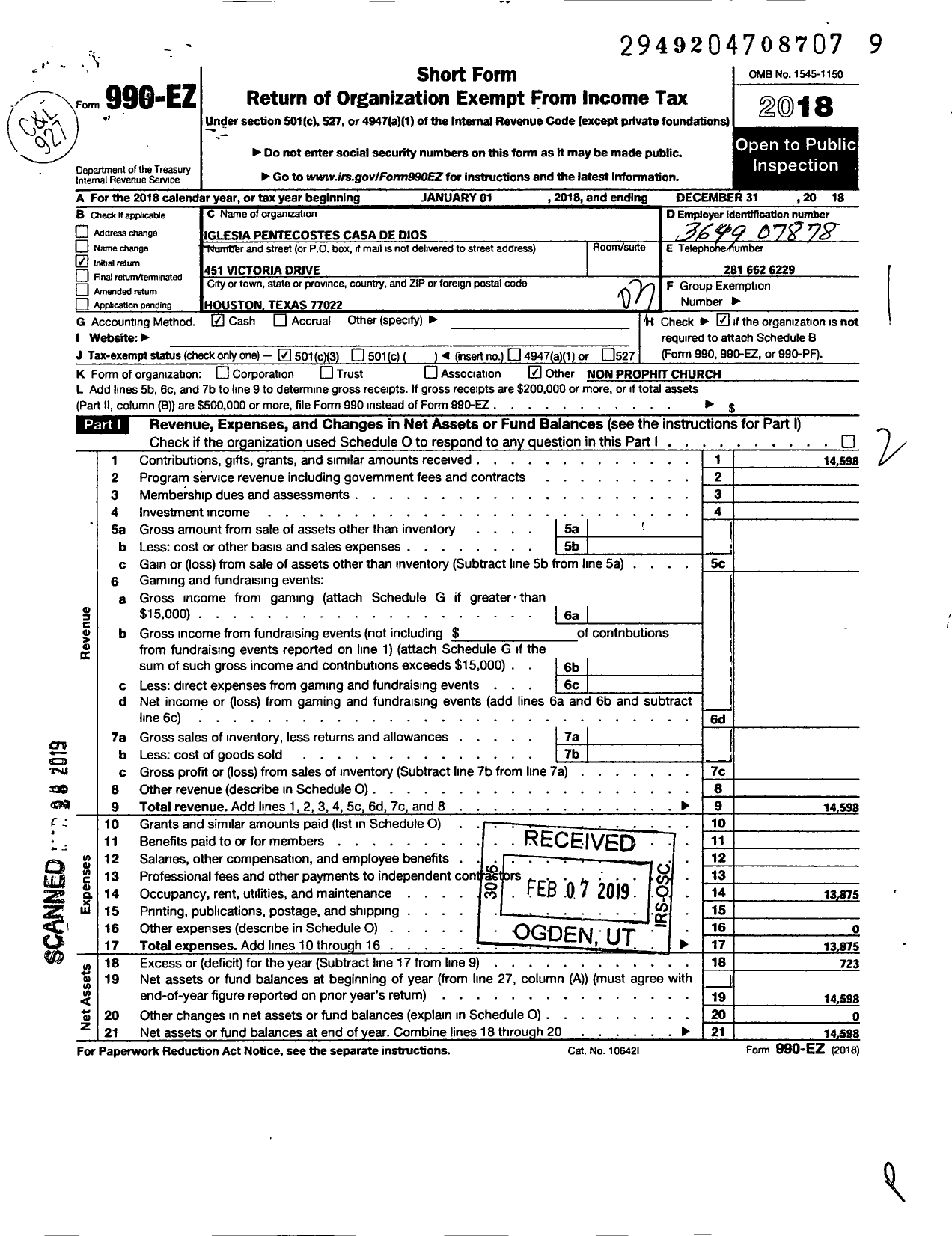 Image of first page of 2018 Form 990EZ for Iglesia Pentecostes Casa de Dios