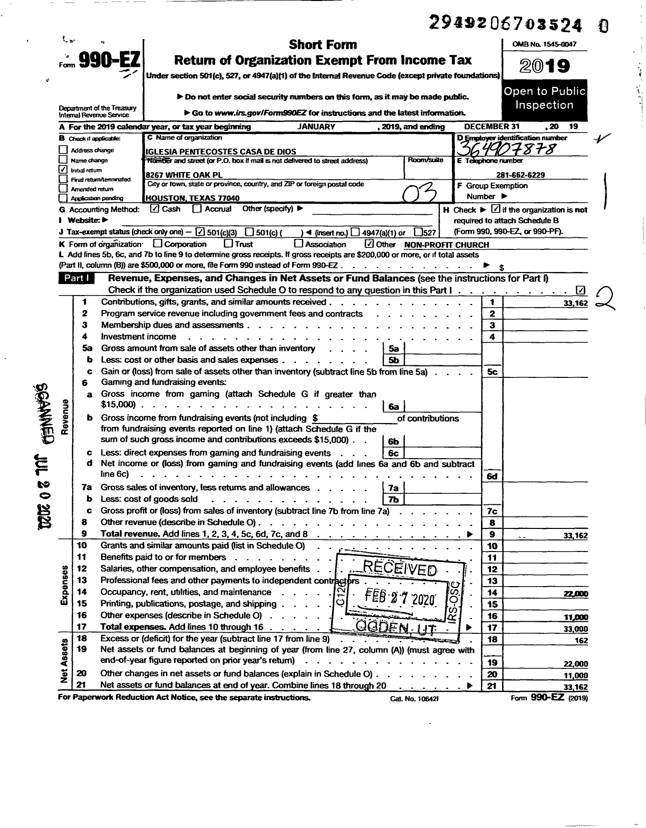 Image of first page of 2019 Form 990EZ for Iglesia Pentecostes Casa de Dios