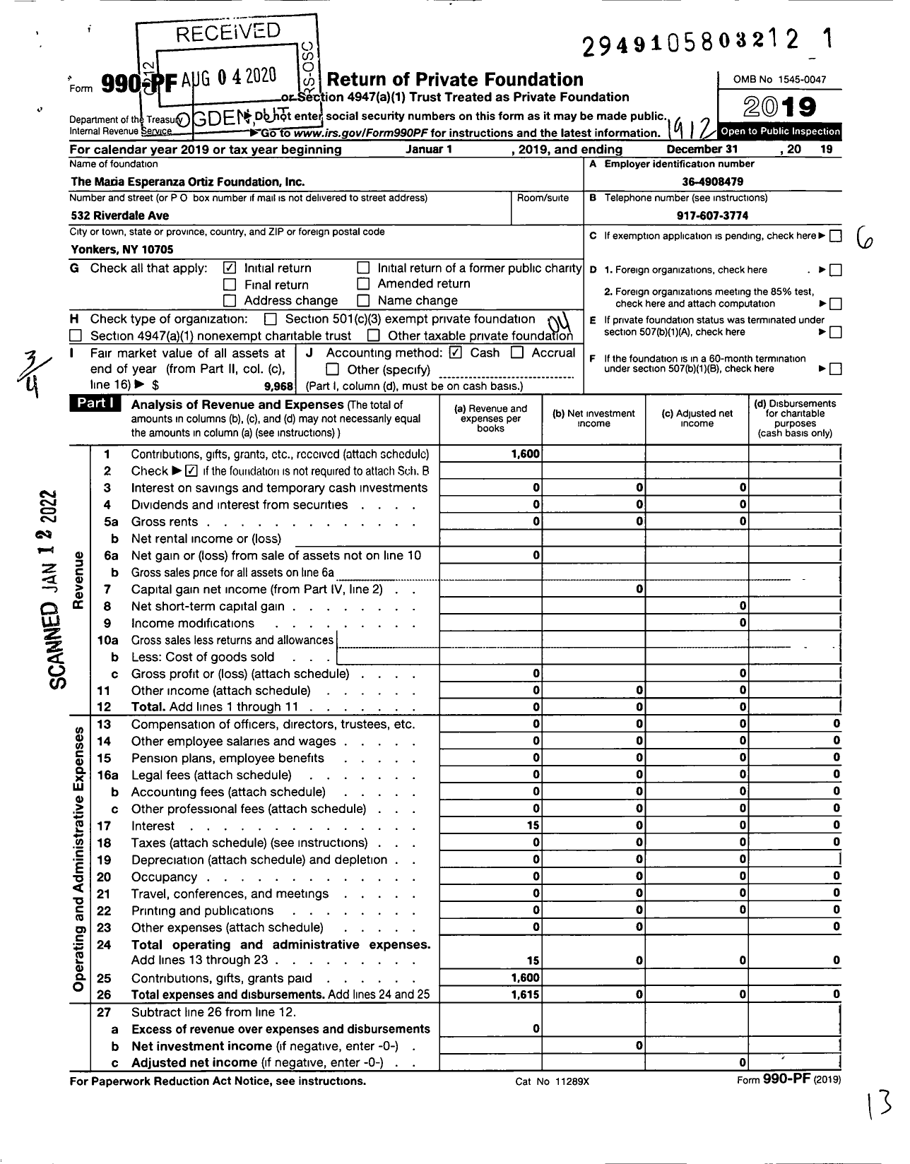 Image of first page of 2019 Form 990PF for The Maria Esperanza Ortiz Foundation