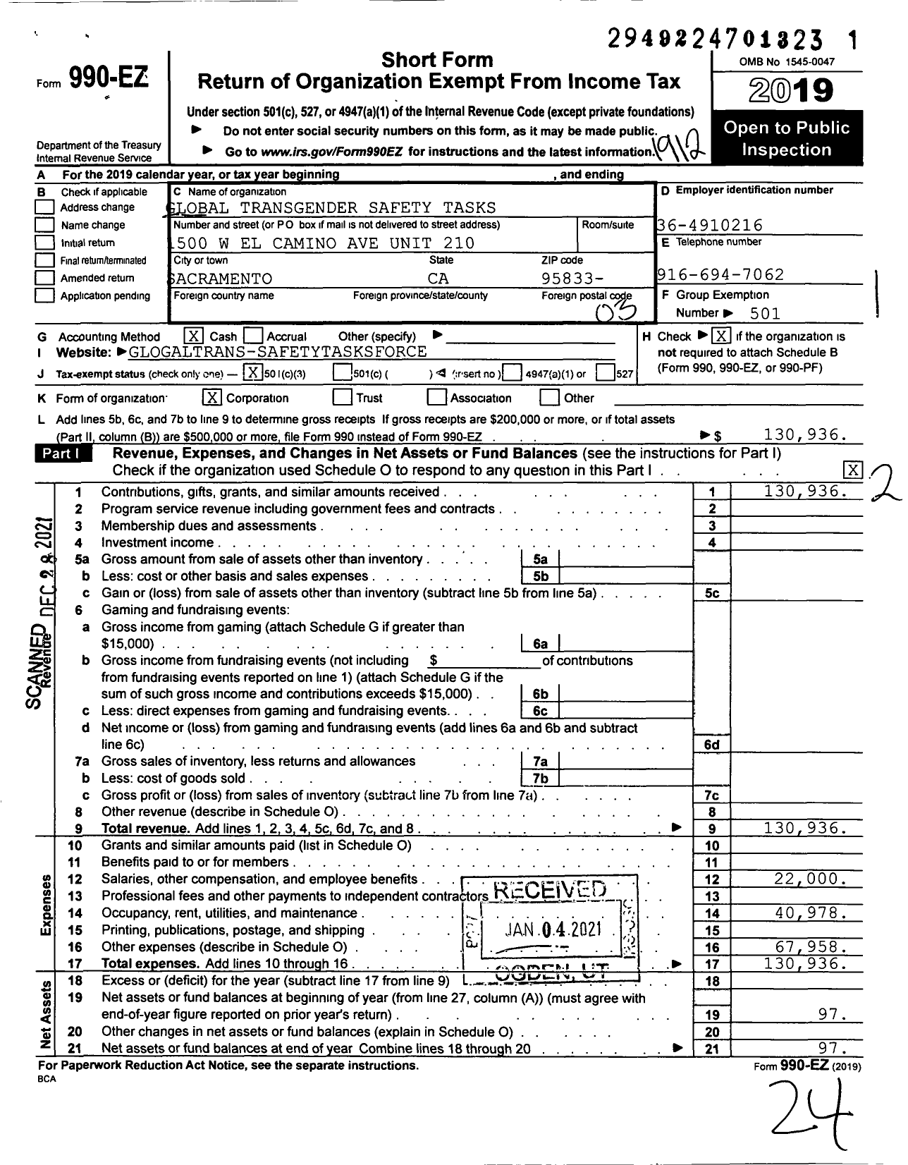 Image of first page of 2019 Form 990EZ for Global Transgender Safety Tasks Force USA