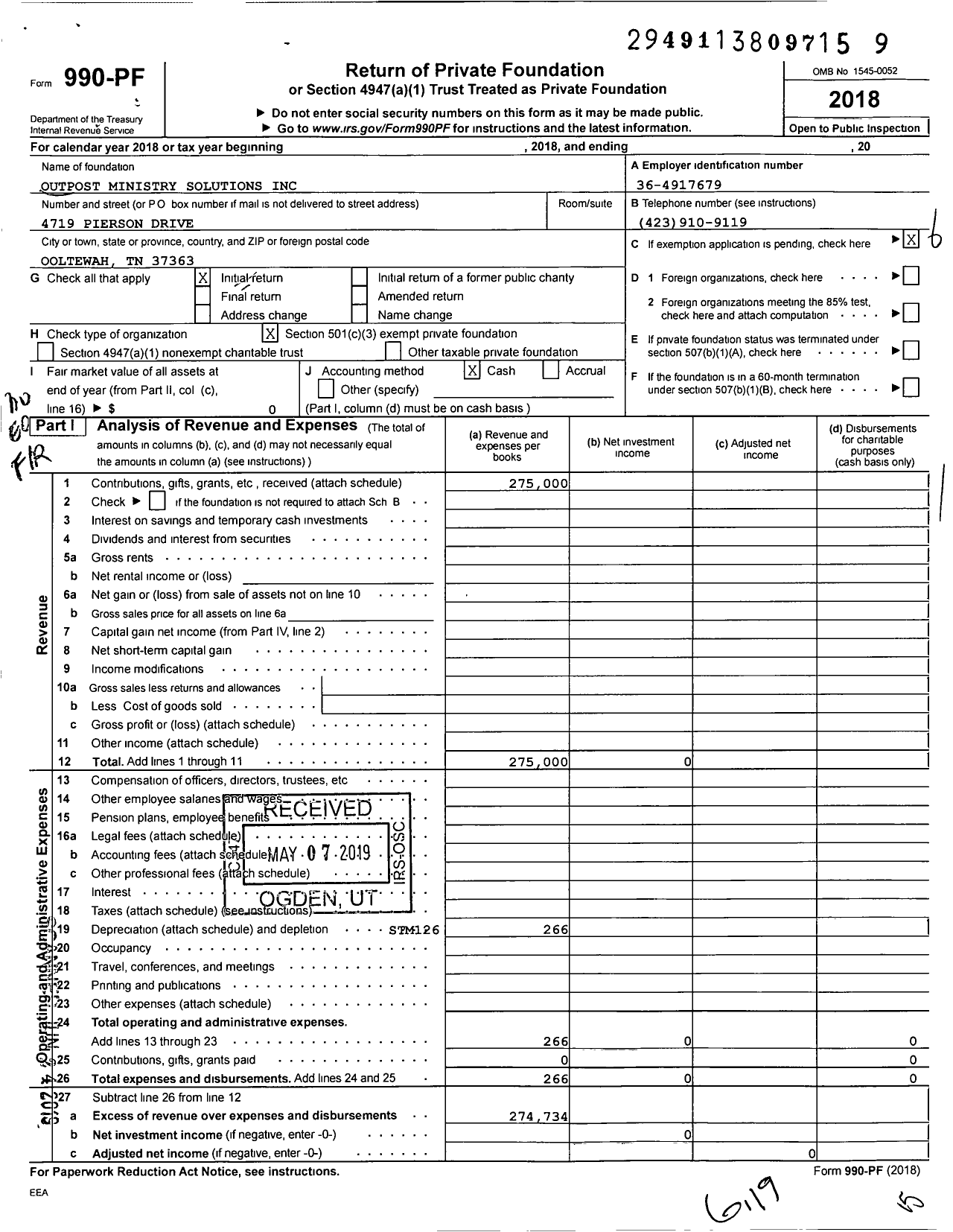 Image of first page of 2018 Form 990PF for Outpost Ministry Solutions