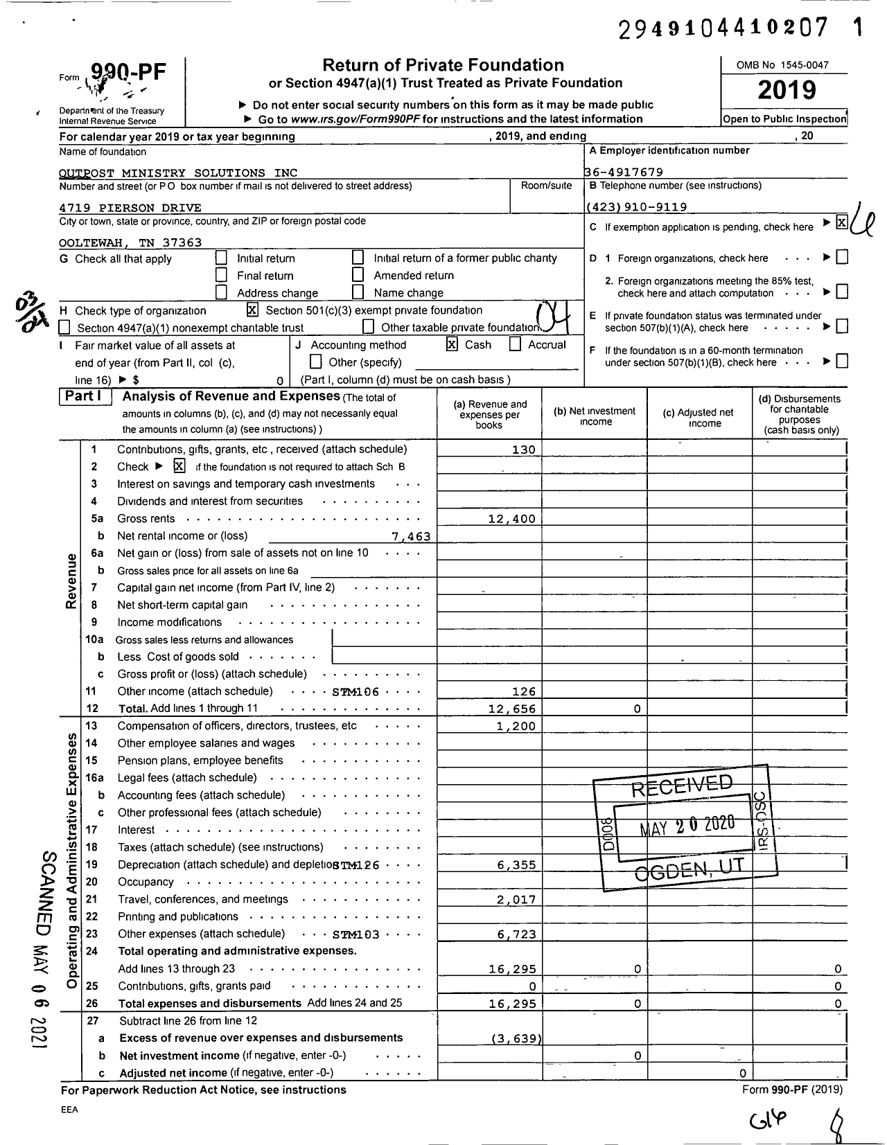 Image of first page of 2019 Form 990PF for Outpost Ministry Solutions