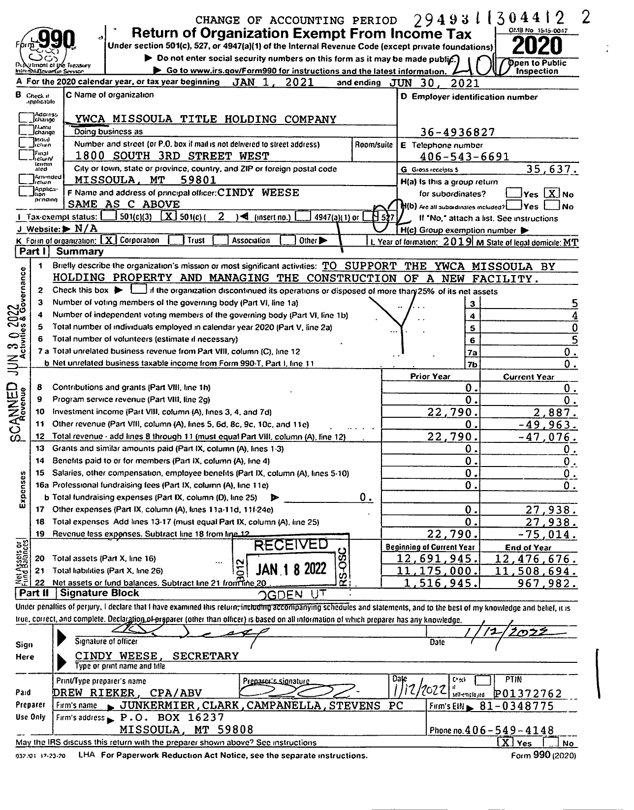 Image of first page of 2020 Form 990O for Ywca Missoula Title Holding Company