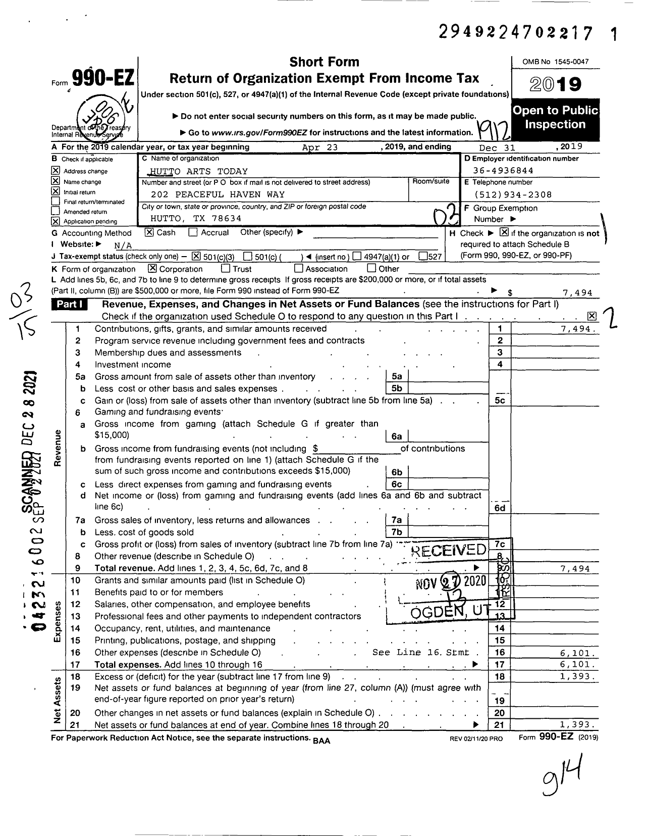 Image of first page of 2019 Form 990EZ for Hutto Arts Today