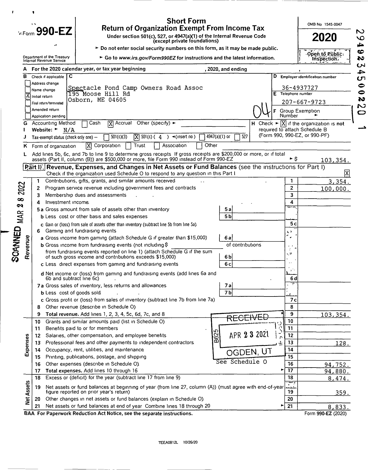 Image of first page of 2020 Form 990EO for Spectacle Pond Camp Owners Road Assoc