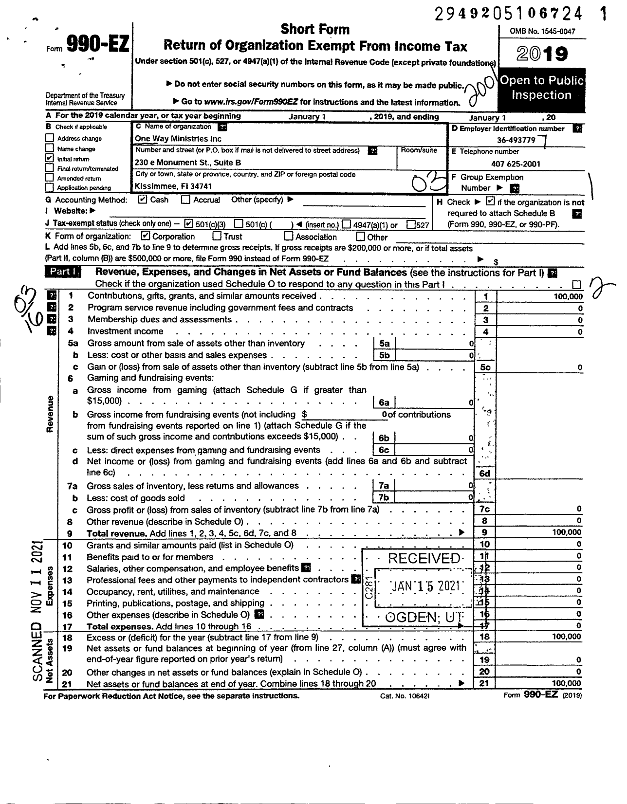 Image of first page of 2019 Form 990EZ for One Way Ministries